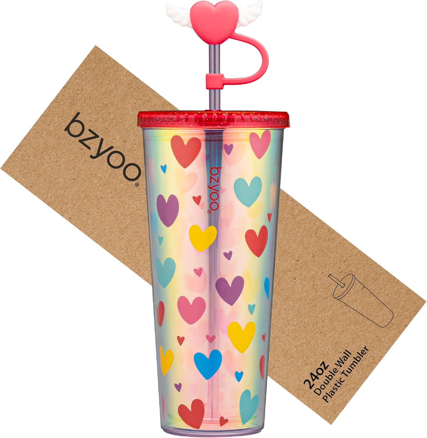 bzyoo 24 oz SIP Tumbler with Heart-Shaped w/Wing Straw Cap Cover – Cute Heart Design Iridescent Tumbler, BPA-Free Cup with Lid and Straw, Perfect for Iced Coffee, Tea, Party and Gift