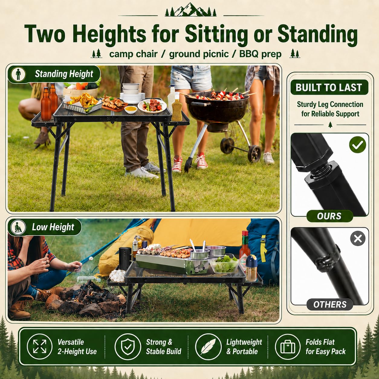 Tavolo da picnic con 2 pannelli alari, in rete di metallo, pieghevole, altezza regolabile, leggero e portatile, per campeggio, picnic, spiaggia e barbecue, camper