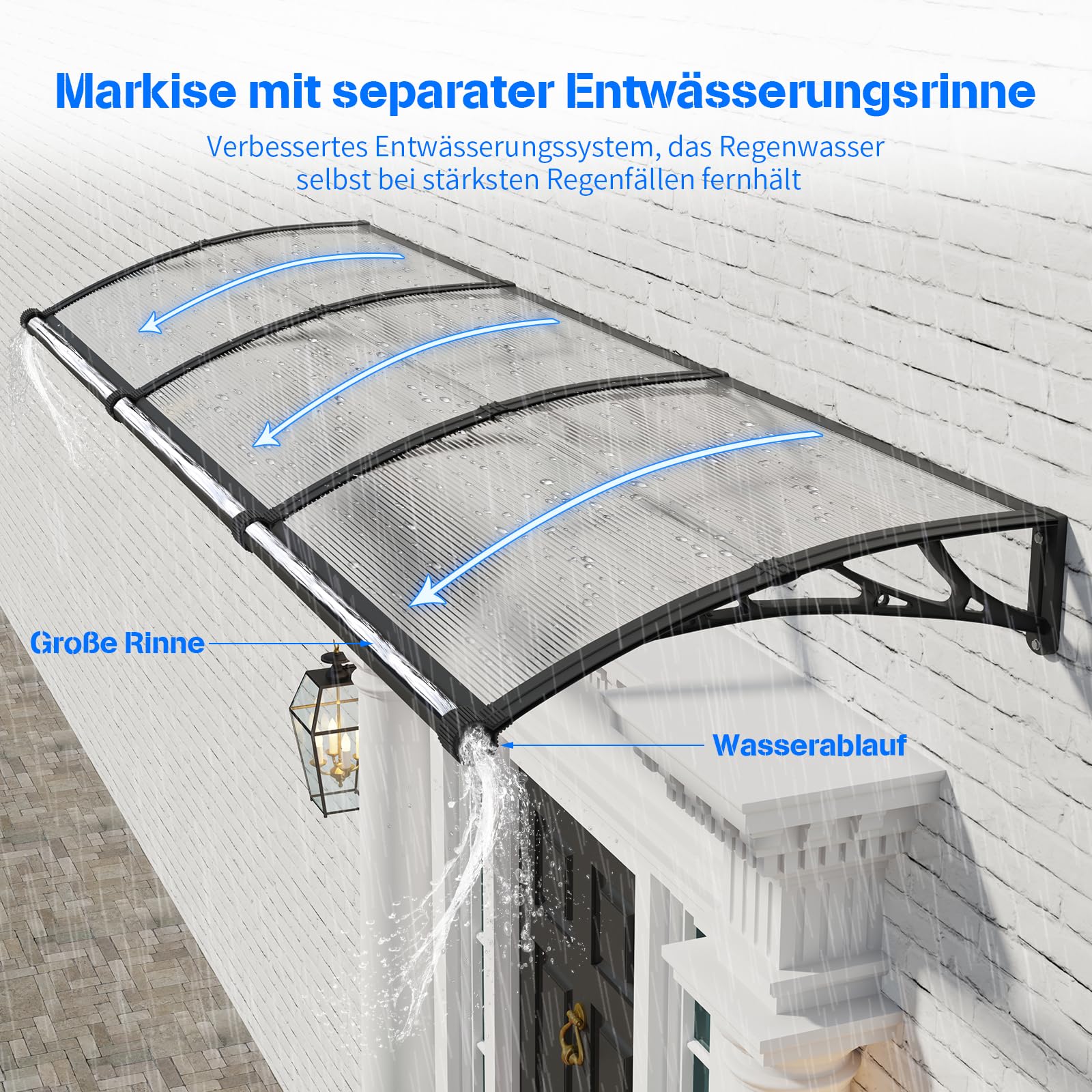 Vordach für Haustür, 200x100cm Fenstervordach mit separater Entwässerung, Polycarbonat Pultvordach Überdachung für UV-, Regen- und Schneeschutz – Ideal für Veranda