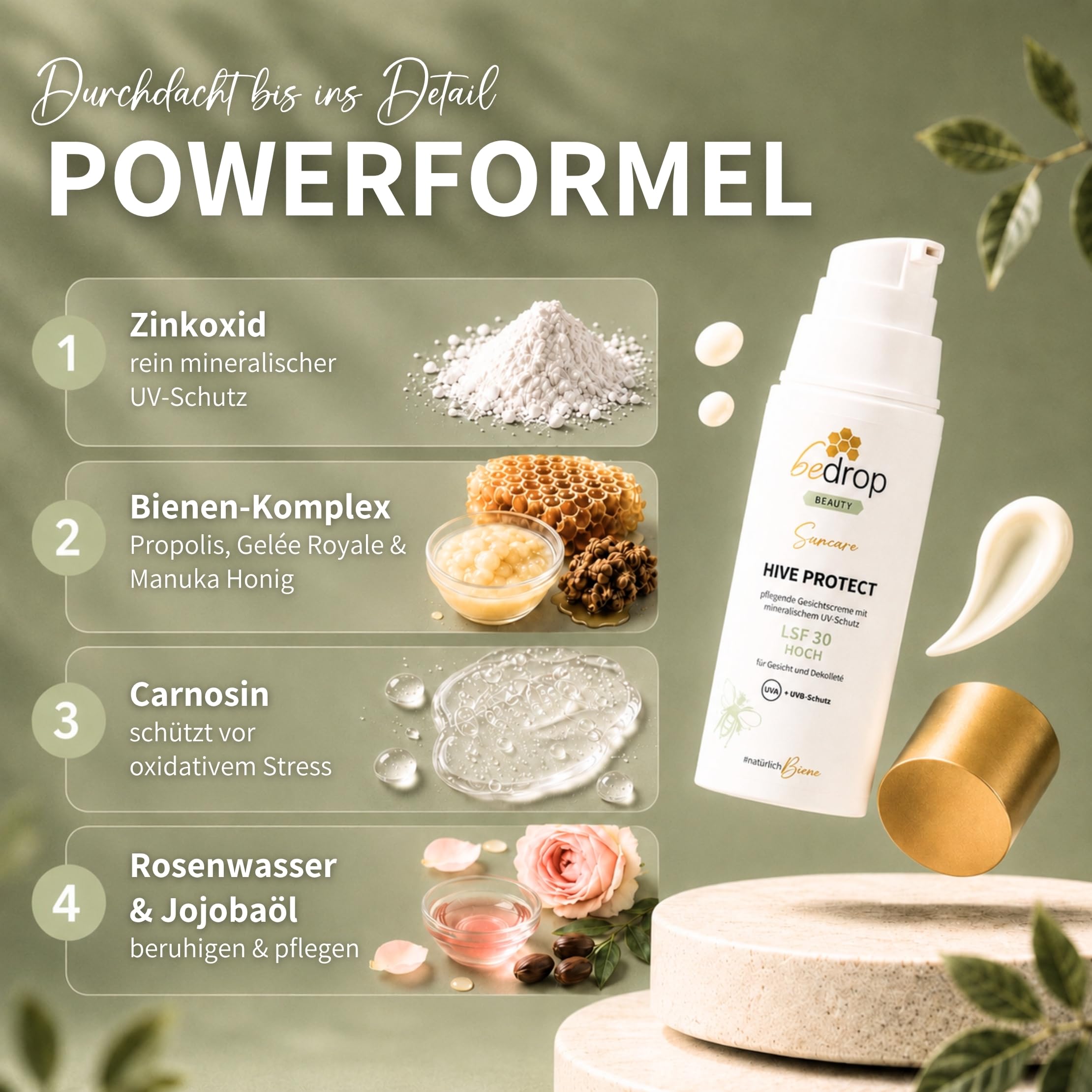 bedrop Hive Protect I Gesicht Sonnencreme mit LSF 30 | 50ml (3er Pack) | Tagescreme mit LSF 30 - Mineralischer Zinkoxid UVA & UVB-Schutz mit Carnosin und Rosenwasser – ideal für sensible Haut