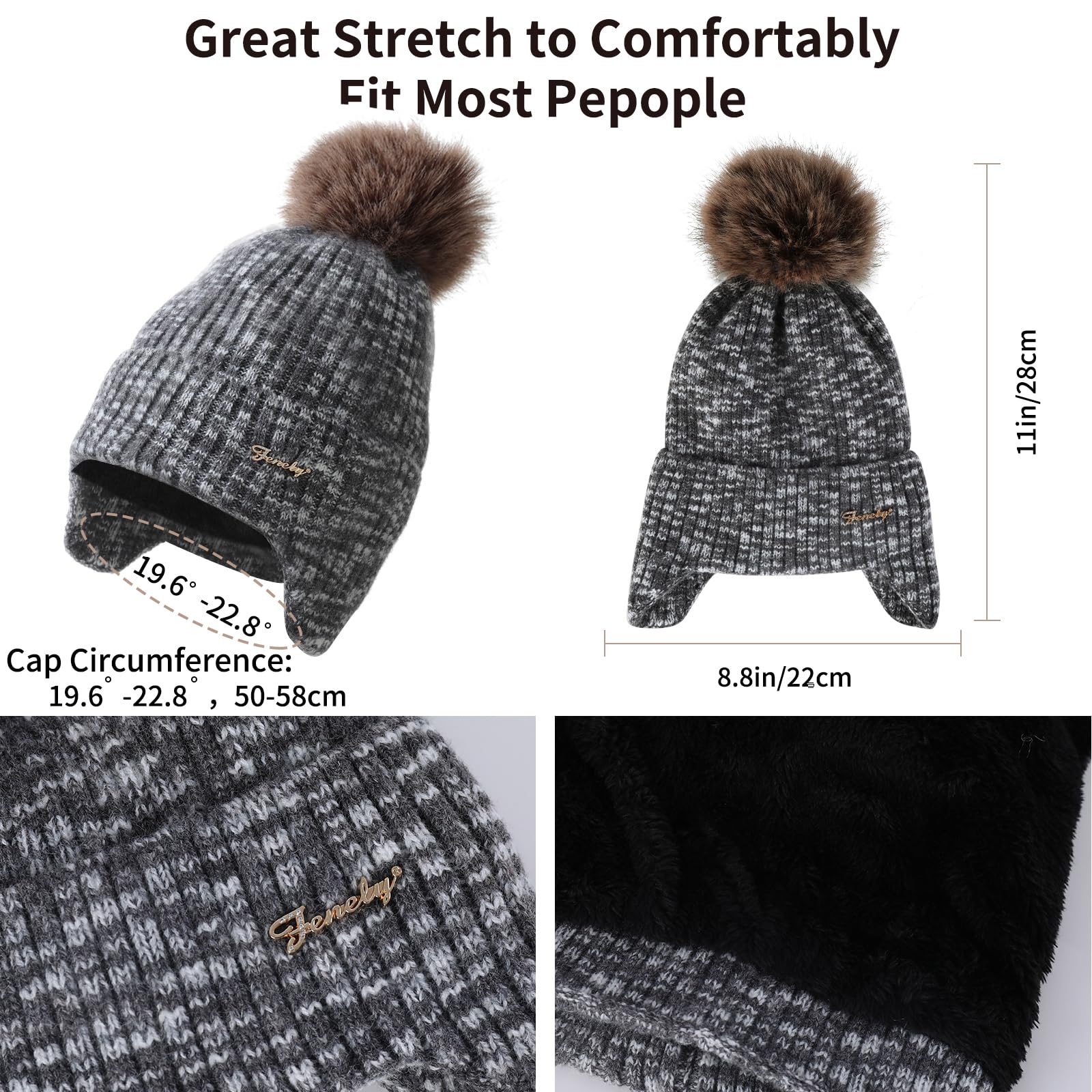 Juego de gorro, bufanda y guantes de invierno para mujer, gorro clásico con pompón extraíble, bufanda larga, guantes para pantalla táctil, juego 3 en 1