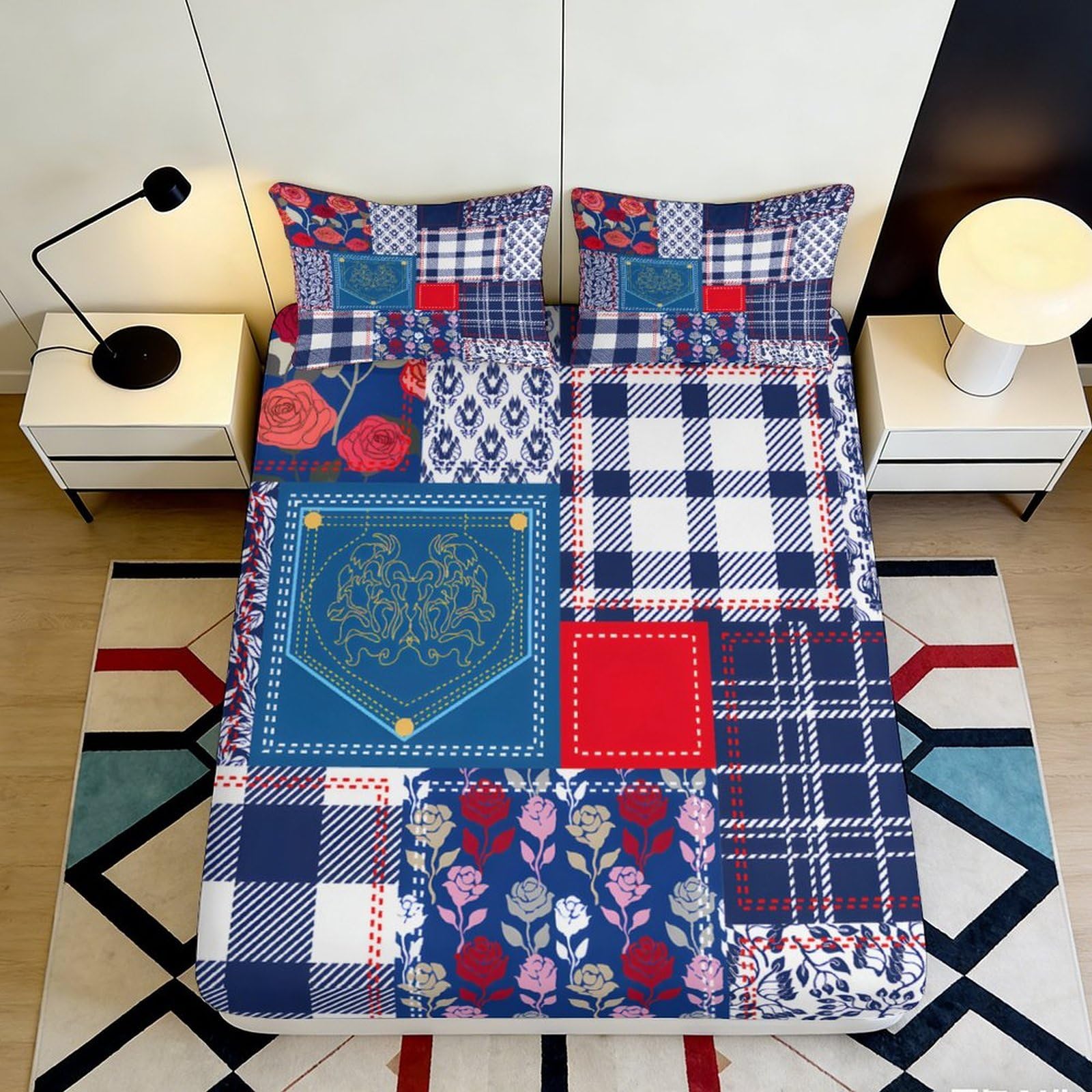 3D Printed Patchwork Floral Fitted Sheet Microfiber Soft Red Blue Plaid Bed Cover for Bedroom Guest Room Mattress Protection 120x200x25cm