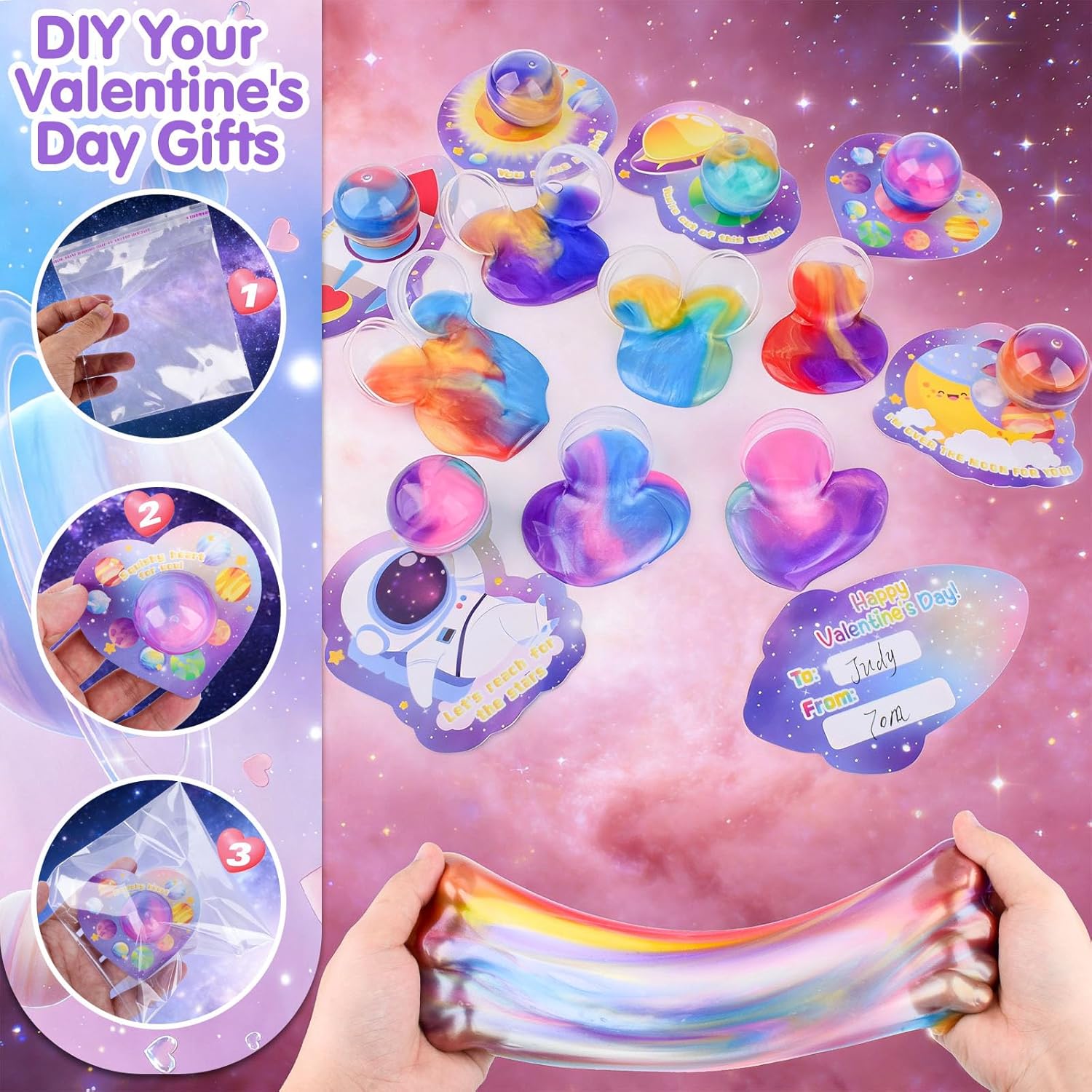 Valentines Day Gifts for Kids, 30 Pack Galaxy Slime Ball with Greeting Cards, Slime Stress Relief Fidget Toys, Valentine Classroom Exchange Gifts, School Prizes Party Favors