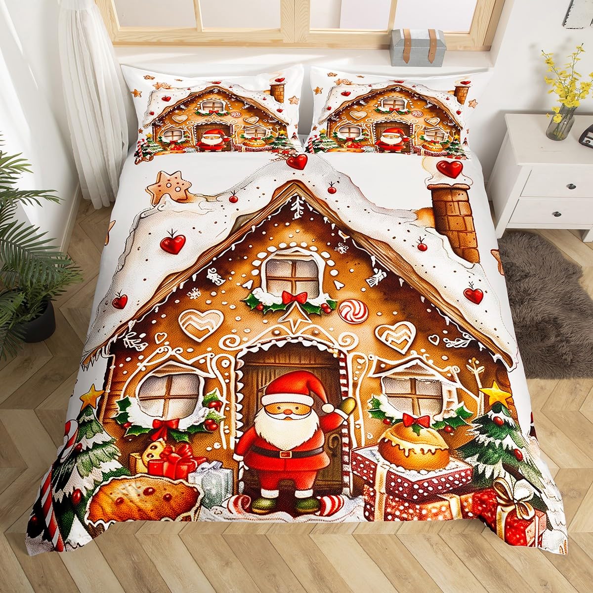 Homemissing Christmas Bedding Duvet Cover Set Double Size Santa Claus Bedding Set Merry Christmas Tree and Snowman Comforter Cover Set Bedspread Cover Rustic Brown,No Comforter