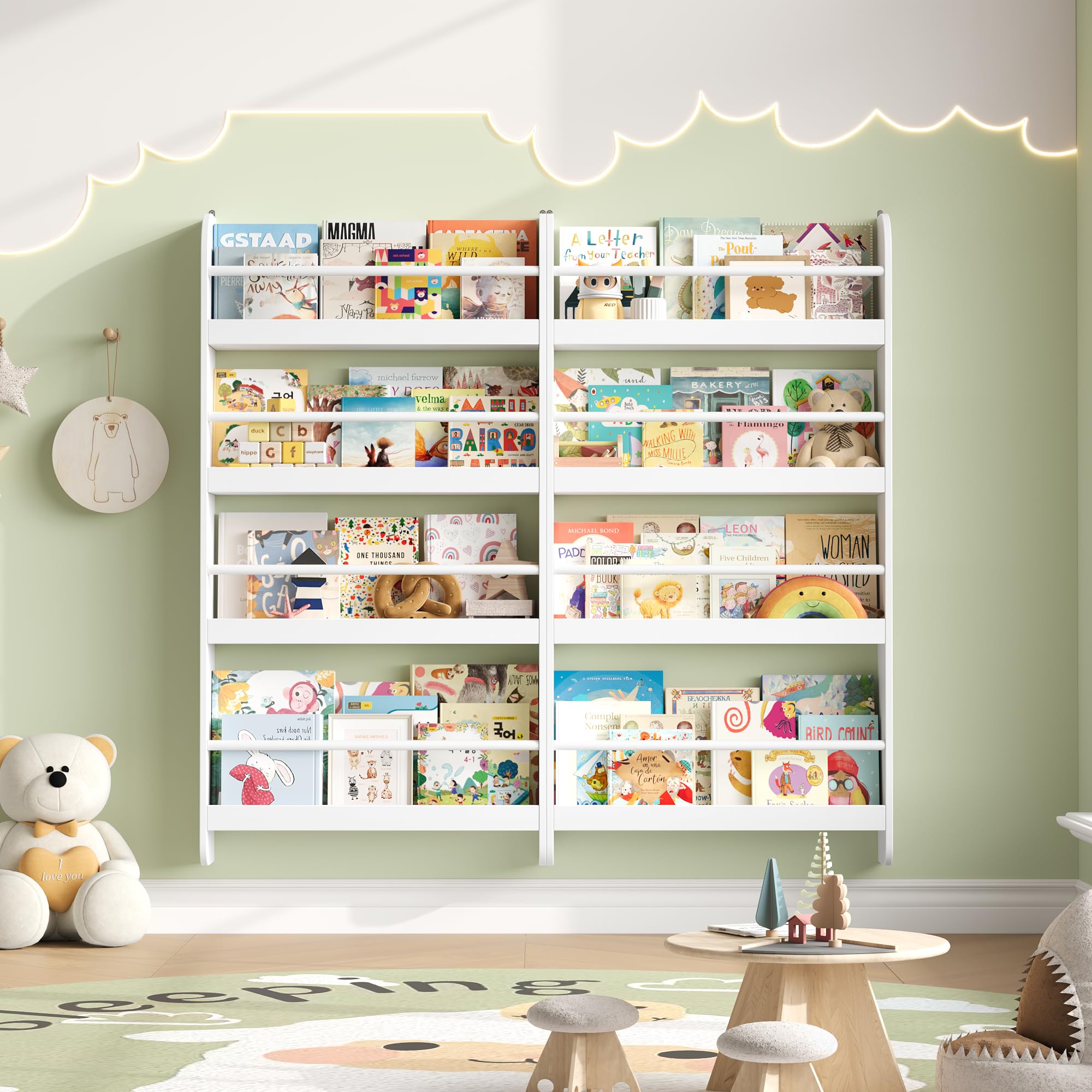 FOREHILL Bücherregal Kinder, Wandregal mit 4 Ablagen, Kinderregal für Bücher Spielzeug, Hängeregal Dekoregal für Kinderzimmer Leseecke, Aufbewahrungsregal aus Holz, HBT: 111x58x12cm, weiß