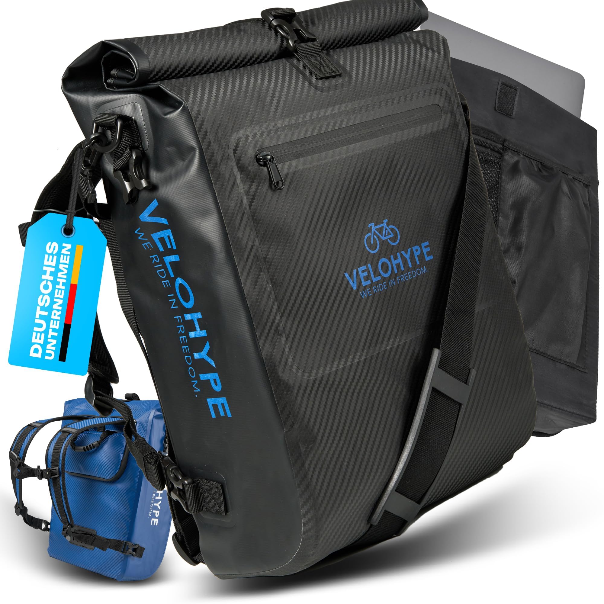 Velohype® 3-in-1 Bicycle Bag for Pannier Rack with Backpack Waterproof 25 L I Pannier Rack Bag Reflective with Helmet Net Tear-Resistant Carbon Hydroguard Material