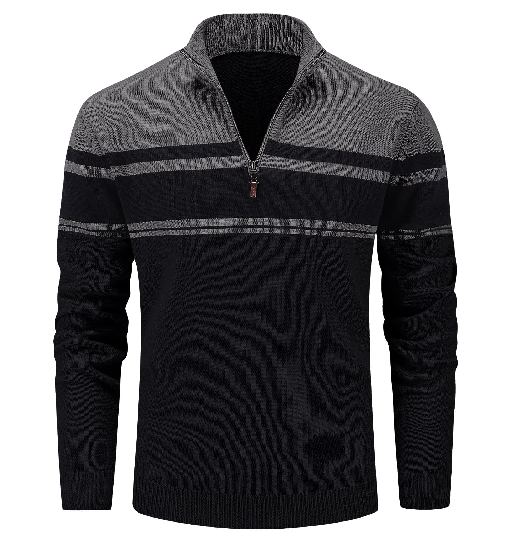 MAGCOMSEN Herren Strickpullover Stehkragen 1/4 Zip Pullover Gestreift Sweater Baumwolle Langarm Sweatshirt Fleece Stretch Arbeitspullover Herbst Winter Feinstrick Pulli