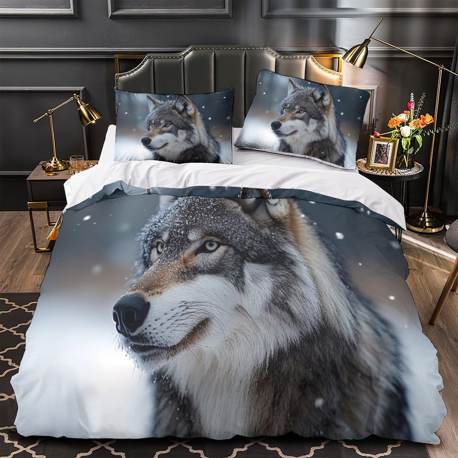 MMDASBVPE Snowy Wolf Portrait Quilt Cover 3D Design Printed Super Soft 3 Pcs Bedding Set Zipper Comforter Cover Premium Anti-allergic for Kids Adults Women Teens Youth Boys King（220x240cm）
