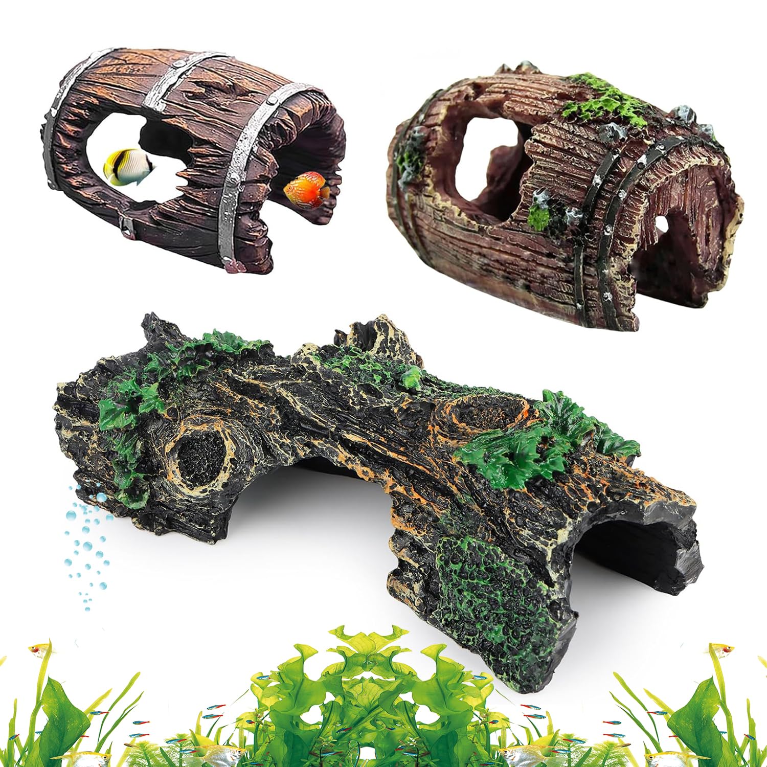 Gansdnek 3 Pieces Aquarium Decoration, Resin Fish Tank Ornaments Broken Barrel Fish Tank Cave, Aquarium Decoration for Small and Medium Aquatic Animals