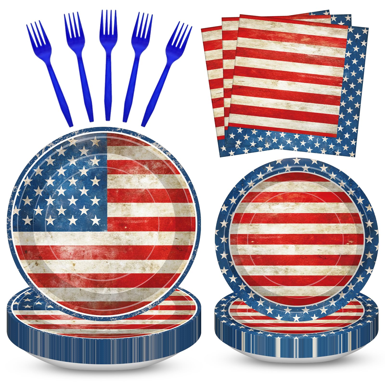 100 Pcs American Flag Party Supplies Set, Serves 25 – Disposable Patriotic Paper Plates, Napkins, and Forks, USA Flag-Themed Tableware for 4th of July