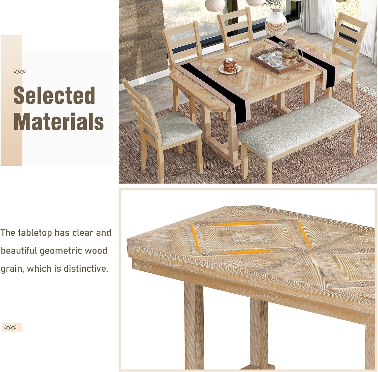 6 Piece Rubber Wood Dining Table Set, Dining Table with Wood Grain Pattern Tabletop , Dining Room Table Set with 4 Upholstered Chairs and Bench, Kitchen Table and Chairs for 6 ,Natural Wood Wash