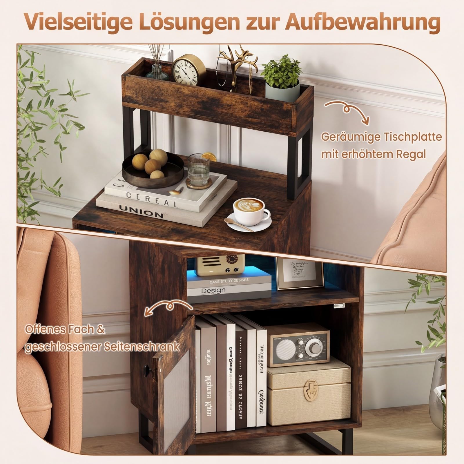 COSTWAY Nachttisch mit LED, Nachtschrank mitmit oberem Tablett, offenem Fach & Aufbewahrungsschrank & Tür, Beistelltisch für Wohnzimmer & Schlafzimmer (Braun,1)