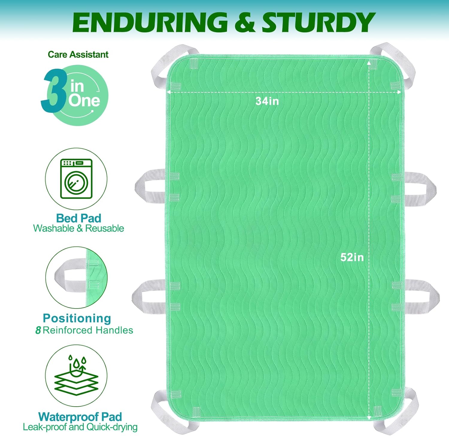 Positioning Bed Pad with Handles - Quick Drying Bed Pads with 8 Reinforced Handles, Washable Waterproof Reusable Pads for Elderly, Bedridden, Turning, Lifting, Transferring 34" × 52"