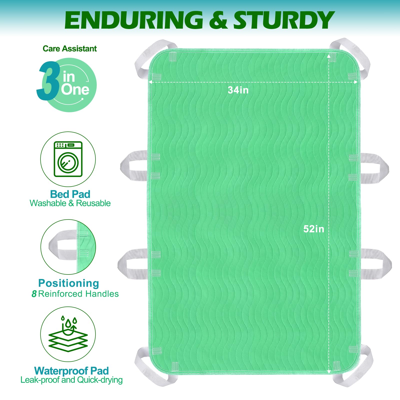 Almohadilla de cama de posicionamiento con asas, almohadillas de cama de secado rápido con 8 asas reforzadas, lavables, impermeables, reutilizables, para ancianos, postrados en cama, giro,