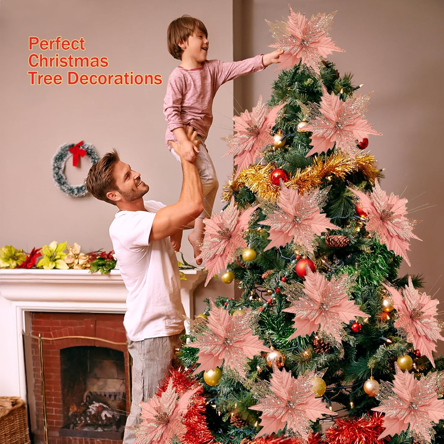 10'' Large Christmas Glitter Poinsettia Flowers Decorations, stadeco 10 Pcs Christmas Tree Picks Ornaments Artificial Flowers with Long Stems for Xmas Tree Wreath Garland Wedding Party DIY Decor