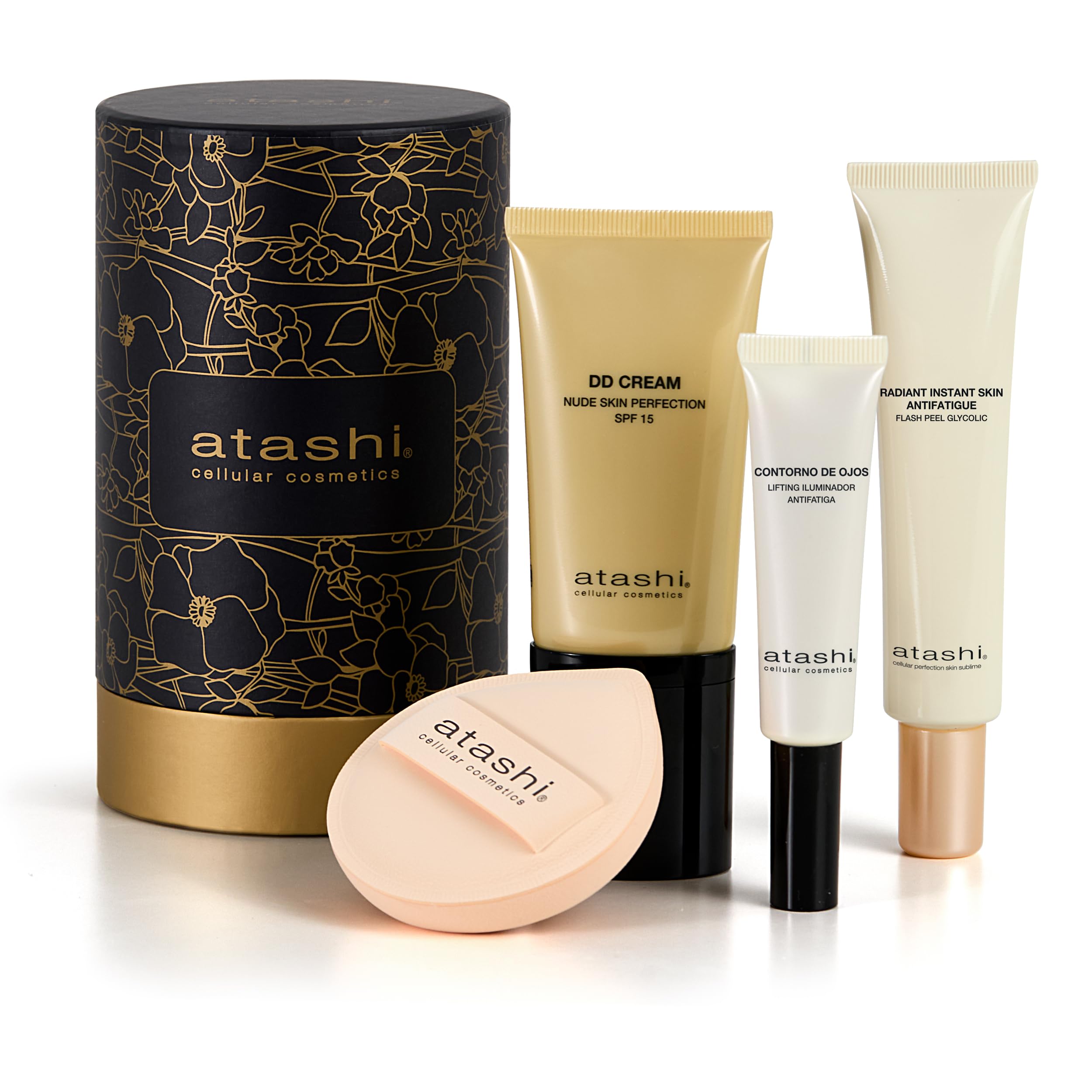 Atashi - Cofre Ritual No Make Up-Make Up - DD Cream (50ml) + Contorno de Ojos Iluminador (15ml) + Exfoliante Radiant Skin (40ml) + Esponja de Maquillaje