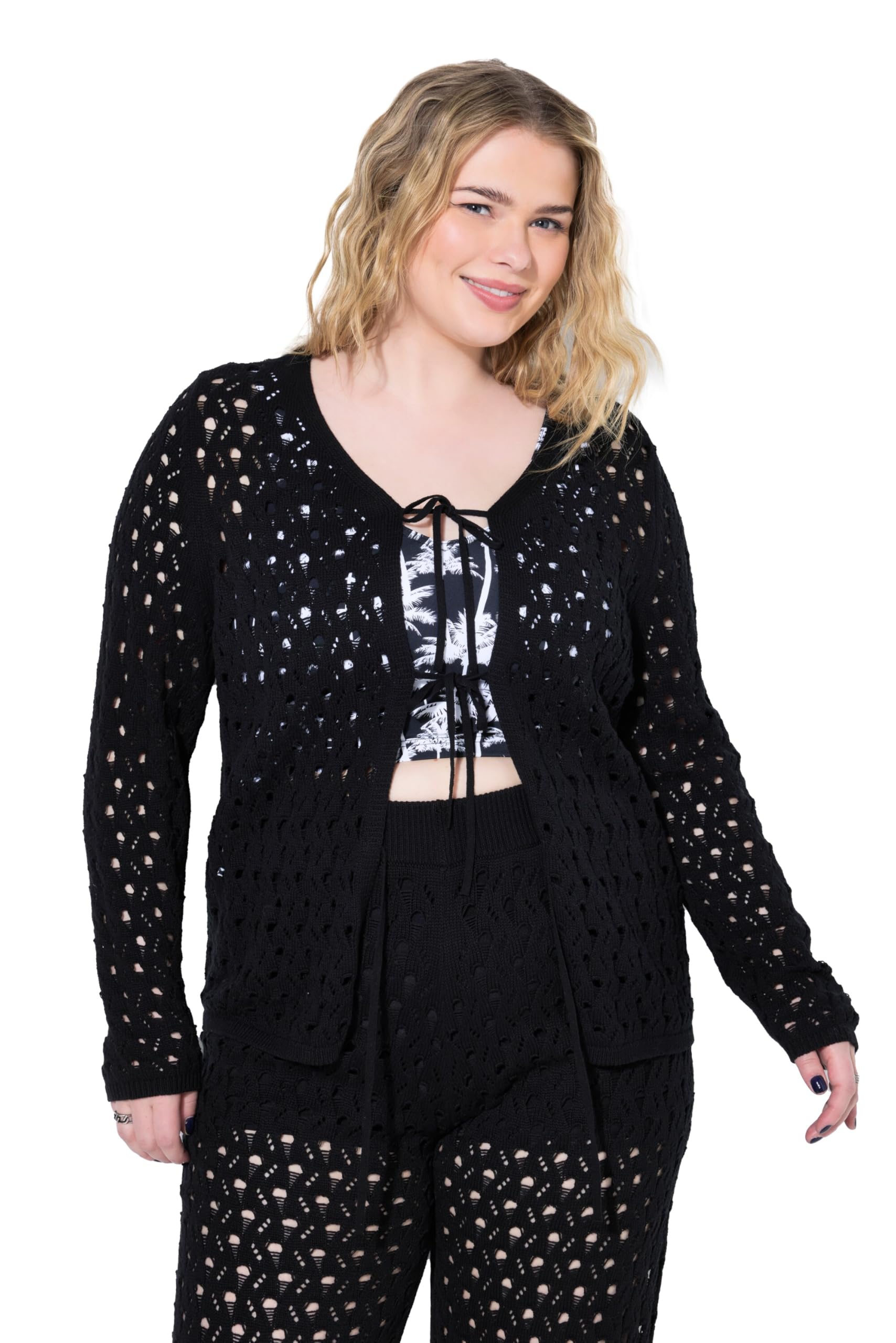 Studio Untold Damen große Größen Übergrößen Plus Size Strickjacke, Straight Shape, Strick mit Lochmuster 840556