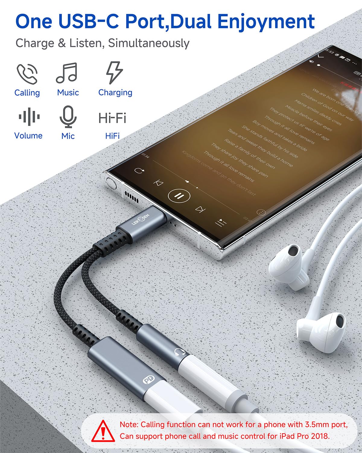 LERTOSEN USB C auf 3,5 mm Kopfhörer- und Ladeadapter, 2-in-1 USB-C-auf-AUX-Audio-Buchse mit PD-Schnelllade-Dongle-Kabel für Phone 16, 15 Pro Max, Samsung Galaxy S25, S24, S23 Pixel Ultra, iPad Pro