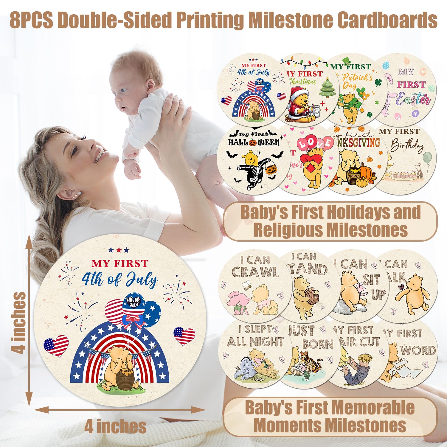 Manta Winnie Milestone para bebé, manta de hito de bebé Pooh, manta de hito de bebé con citas de Winnie, decoración de fondo de fotografía para recién nacido, con 8 piezas de cartulina impresa de