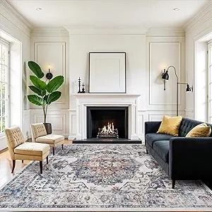 Washable 8x10 Living Room Rug: Oriental Water Resistant Rugs for Bedroom Dining Room Distressed Non Slip Ultra Soft Carpet for Nursery Farmhouse Medallion Home Decor Floor Decoration Mat(8x10 Brick)