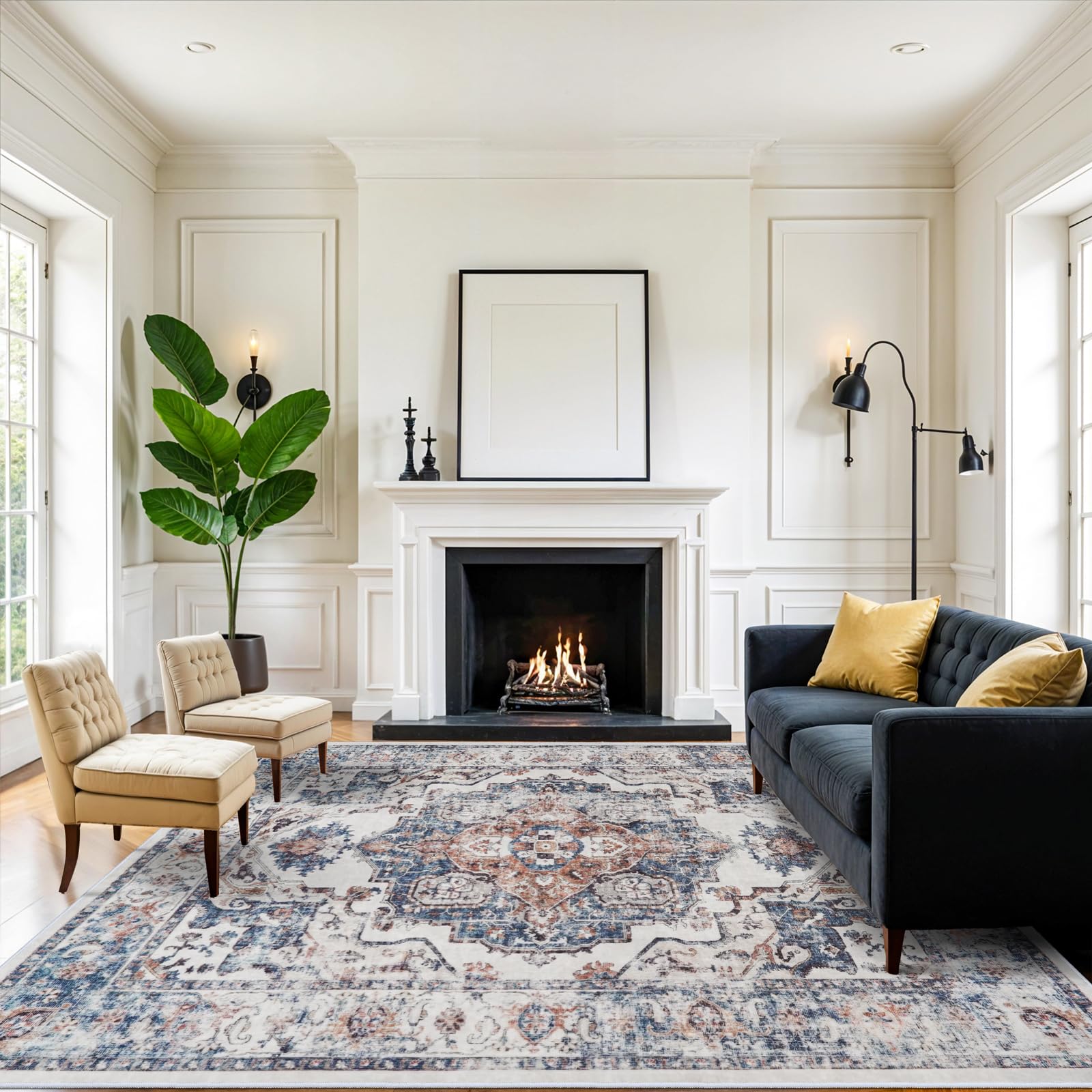 Washable 8x10 Living Room Rug: Oriental Water Resistant Rugs for Bedroom Dining Room Distressed Non Slip Ultra Soft Carpet for Nursery Farmhouse Medallion Home Decor Floor Decoration Mat(8x10 Brick)