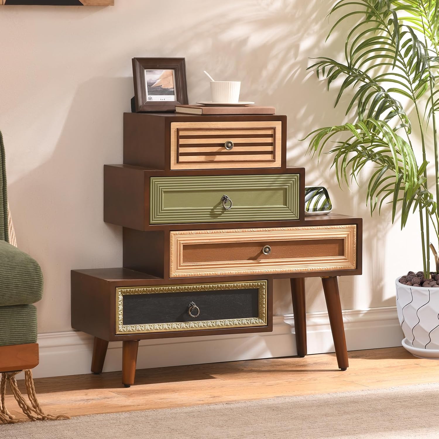 Ahokua Vintage Accent Chest with 4 Drawers, Asymmetrical Stacked Design, Multicolored Hand-Carved Decorative Rustic Cabinet for Living Room, Entryway
