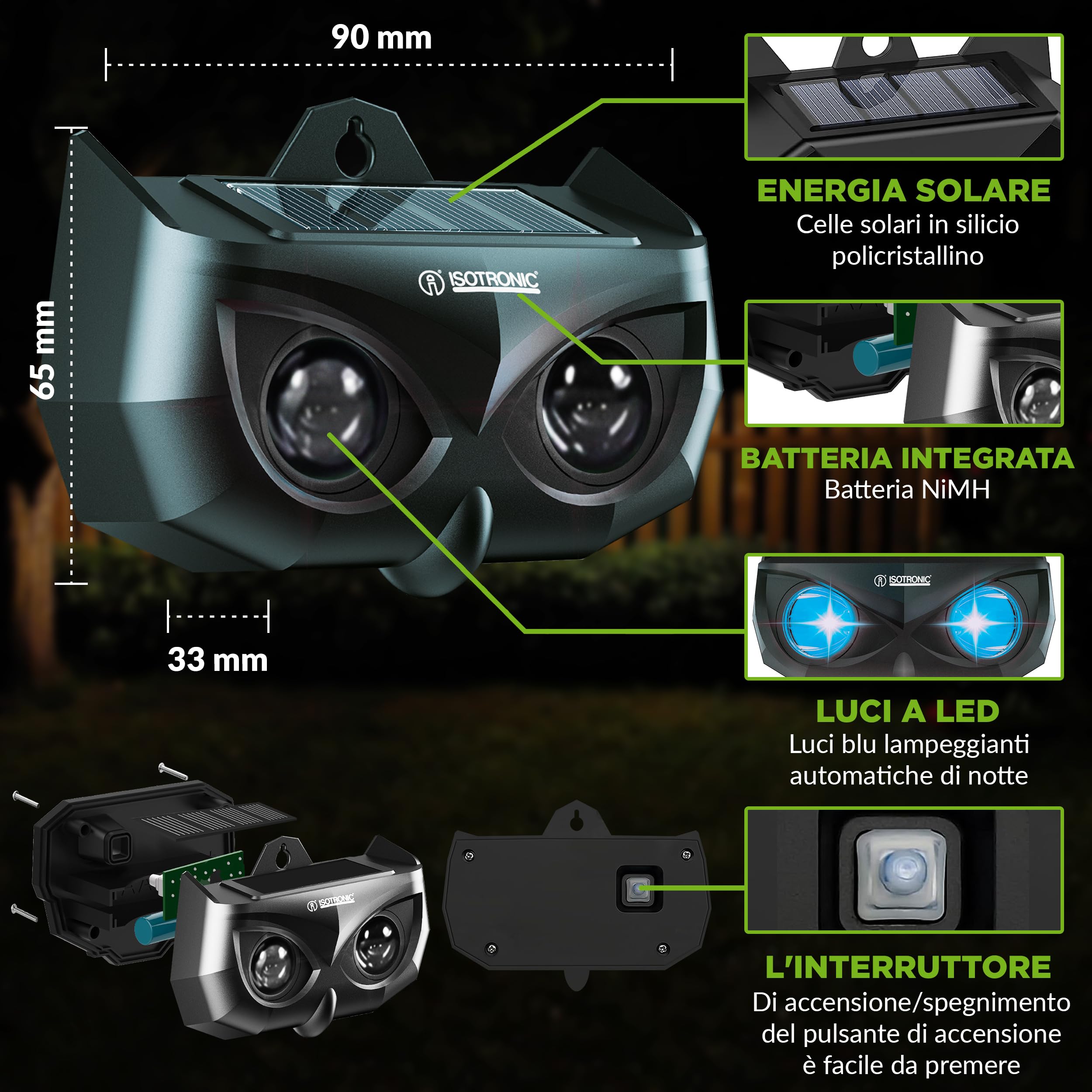 ISOTRONIC Repellente Solare Animali Selvatici LED Blu (4 Pezzi), Dissuasore per Procioni Cervi Volpi Cinghiali, Raggio d'azione 40m², Deterrente Efficace Esterno e Giardino Senza Veleni