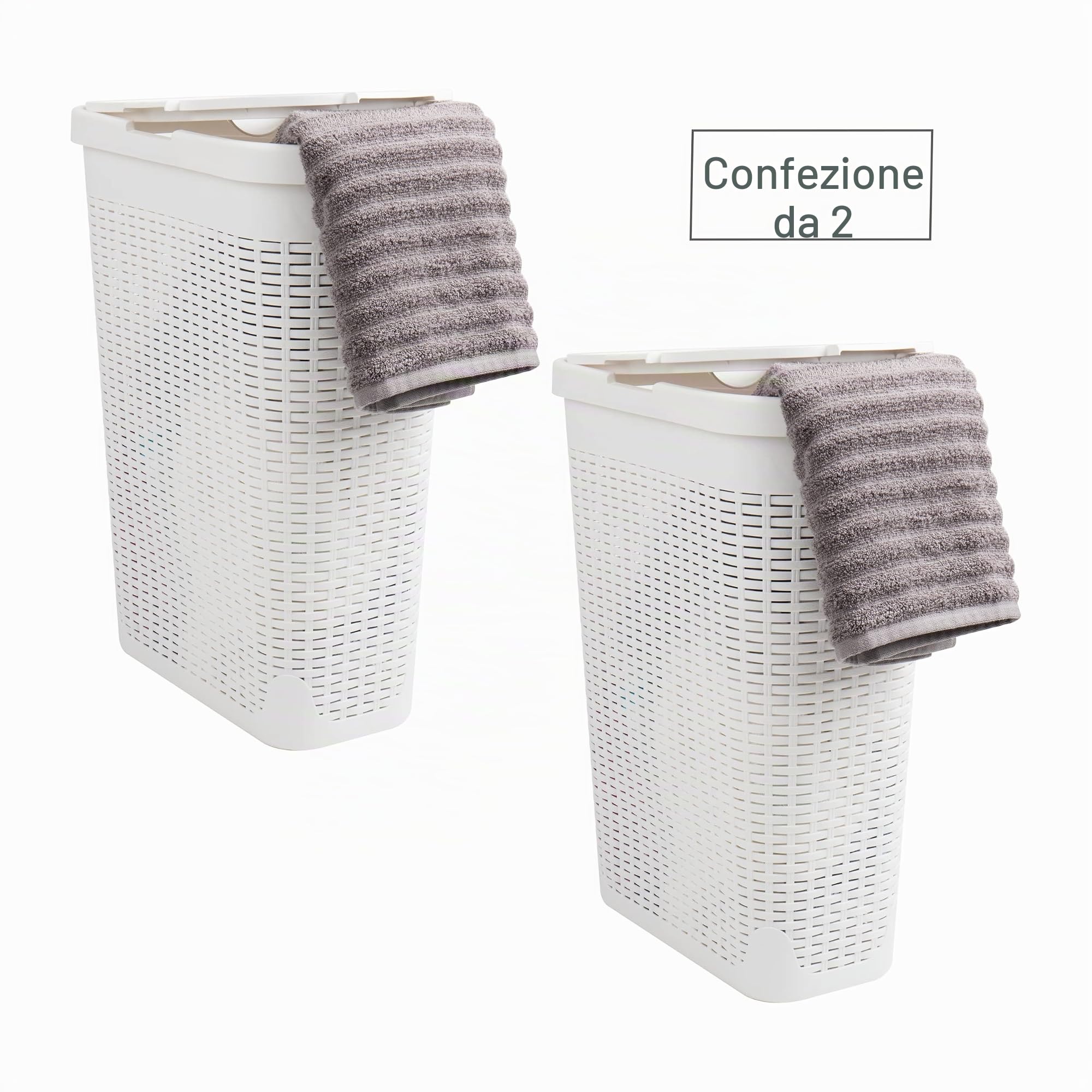 Mind Reader Cesto portabiancheria sottile da 40 l, con coperchio, design in vimini, in plastica, 45,7 x 26,9 x 59,9 cm, set da 2, bianco