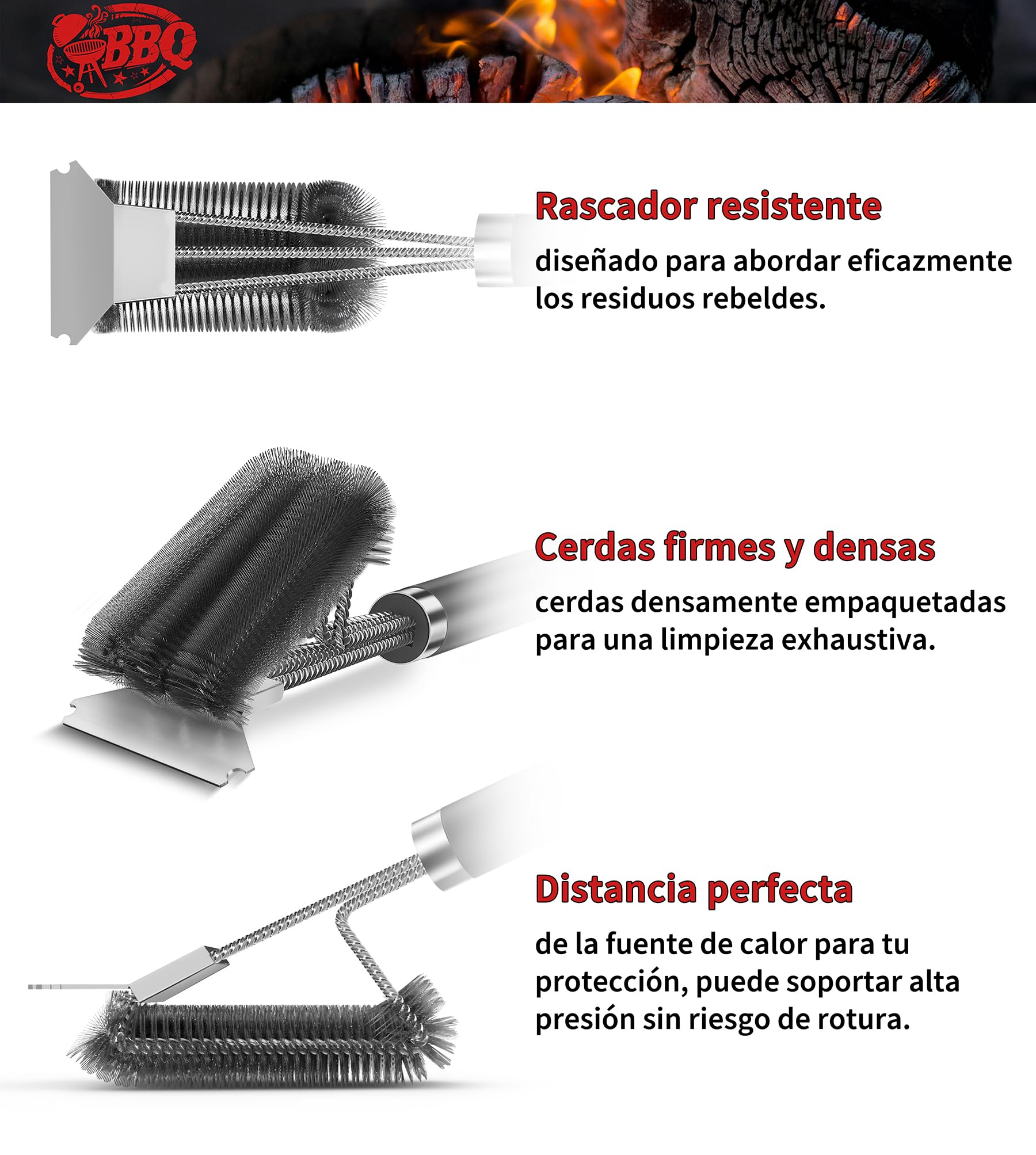 Cepillo de Barbacoa 3 en 1 con Cerdas de Alambre de Acero Inoxidable para Carbón Vegetal y Parrilla Eléctrica al Aire Libre - Jardín, Camping - Cepillo de Limpieza para BBQ