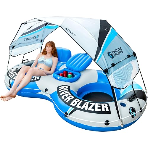 Sunlite Sports River Tube with Canopy for 1 or 2 Person - Heavy Duty Inflatable Water Float with Cup Holders, UV Sun Protection, Comfortable Lounge Design for Lake, River, Pool