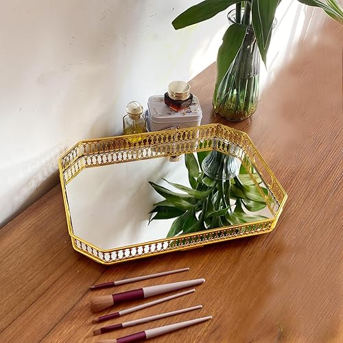 Miniatura 3 de Bandeja de perfume dorada, bandeja de espejo, bandeja de tocador, bandeja de vidrio, bandeja decorativa de metal rectangular, bandeja organizadora