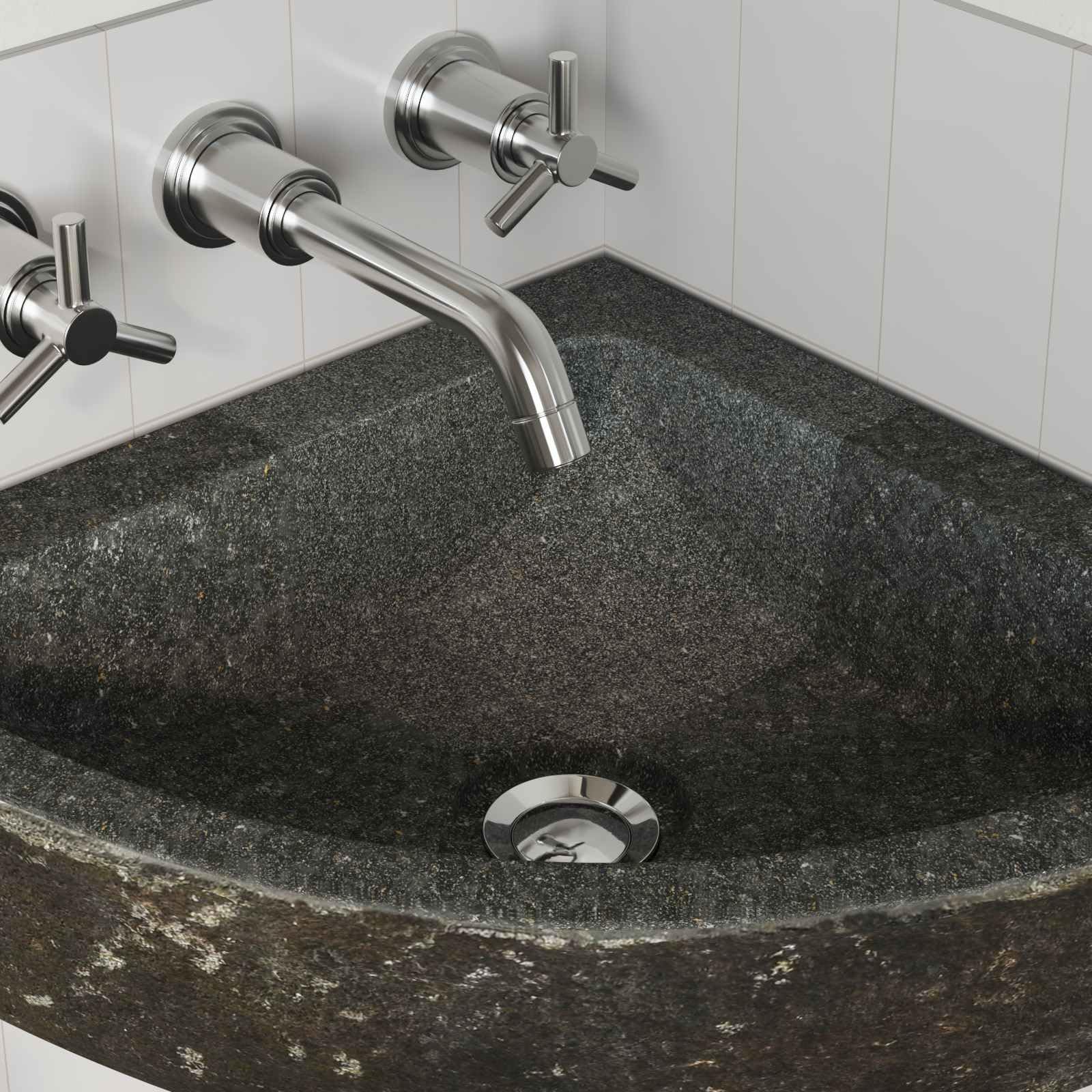 Lavabo esquinero de piedra fluvial gris, 38-45 x 38-45 x 12 cm