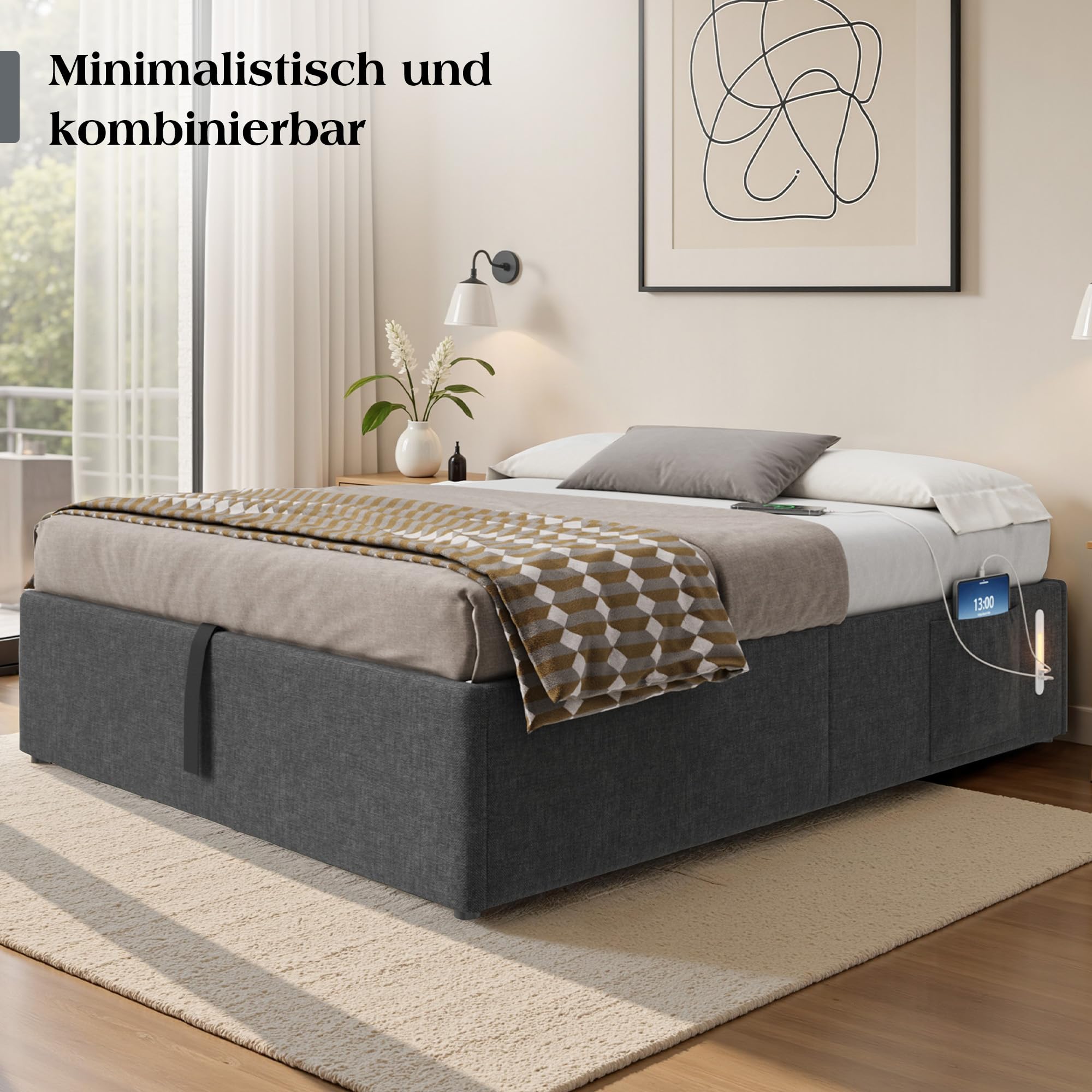 LUXOAK Bett 140x200 cm mit Stauraum und Gasdruckfeder, USB-Anschluss, LED-Nachtlicht, Seitentasche, geräuscharm, einfache Montage, kein Boxspring nötig, grau
