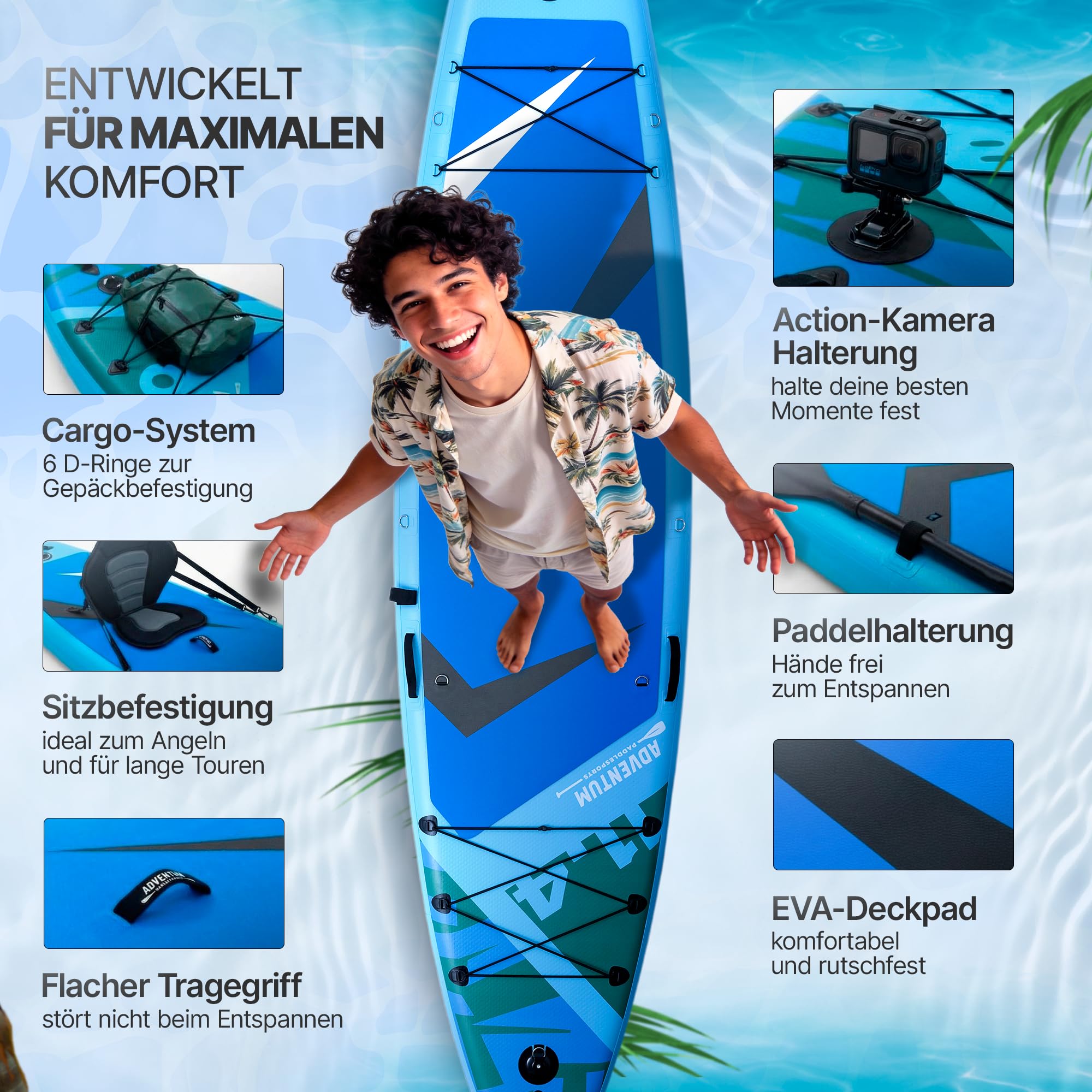 ADVENTUM Aufblasbares Allround & Touring Stand Up Paddling Board 329-384 cm