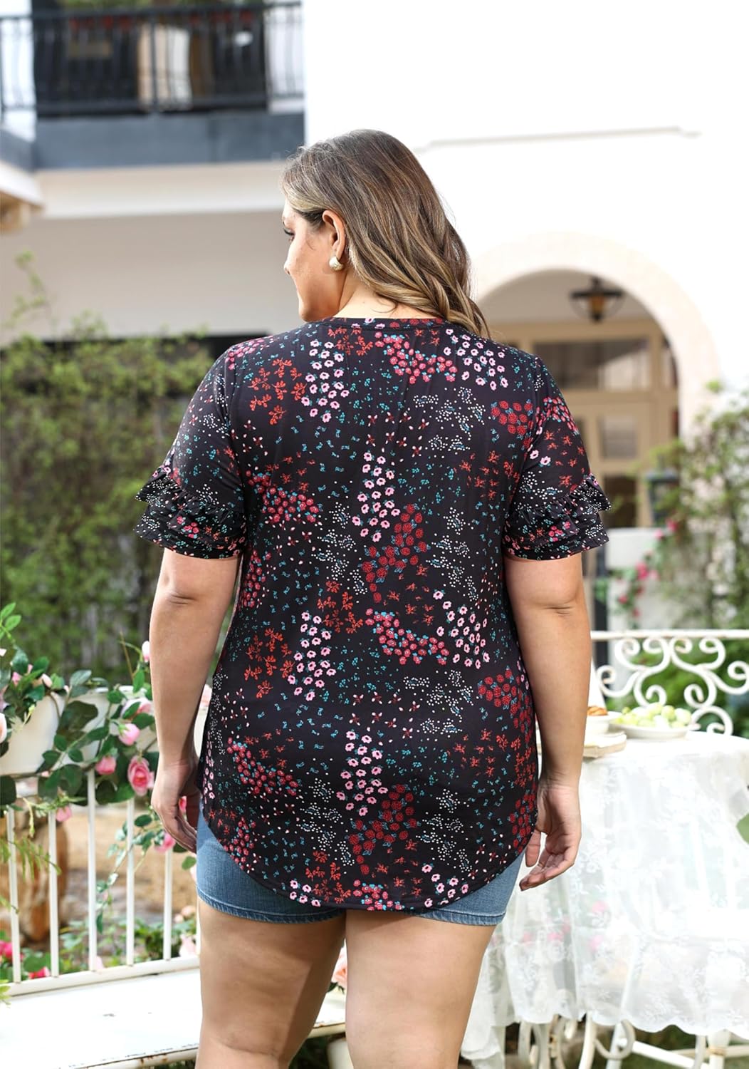 TIYOMI Plus Size Tops for Women Ruffle Shirts Button Short Sleeve Summer V Neck Tunics XL-5XL - Image 4