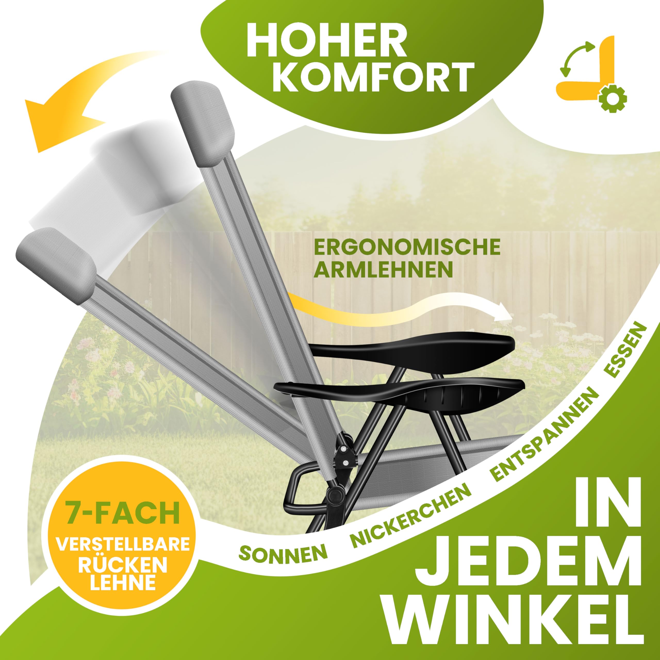 KESSER® Set di 2 sedie da Giardino, Sedia Pieghevole in Alluminio con Schienale Alto Regolabile in 7 direzioni con braccioli, Sedia da Balcone, Sedia da Campeggio Pieghevole Traspirante