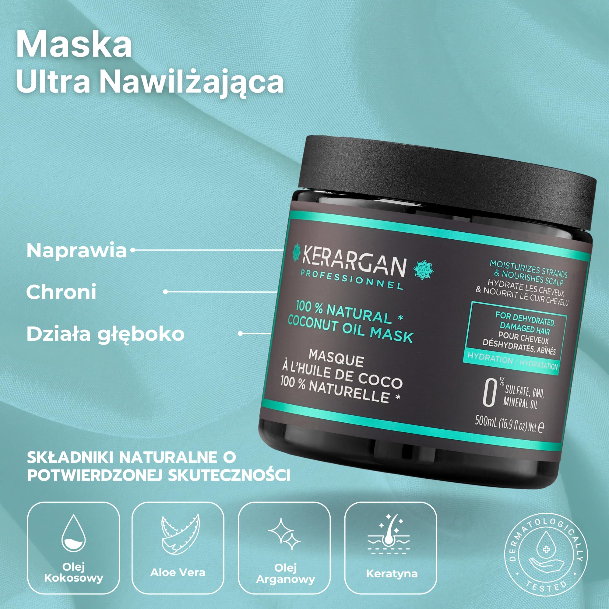 Kerargan - Zestaw Nawilżający Szampon, Odżywka, Maska i Serum z Olejem Kokosowym - Kompleksowa Pielęgnacja dla Włosów Odwodnionych, Zniszczonych - Bez Sulfatów, GMO, Silikonu - 3x500 ml + 100ml