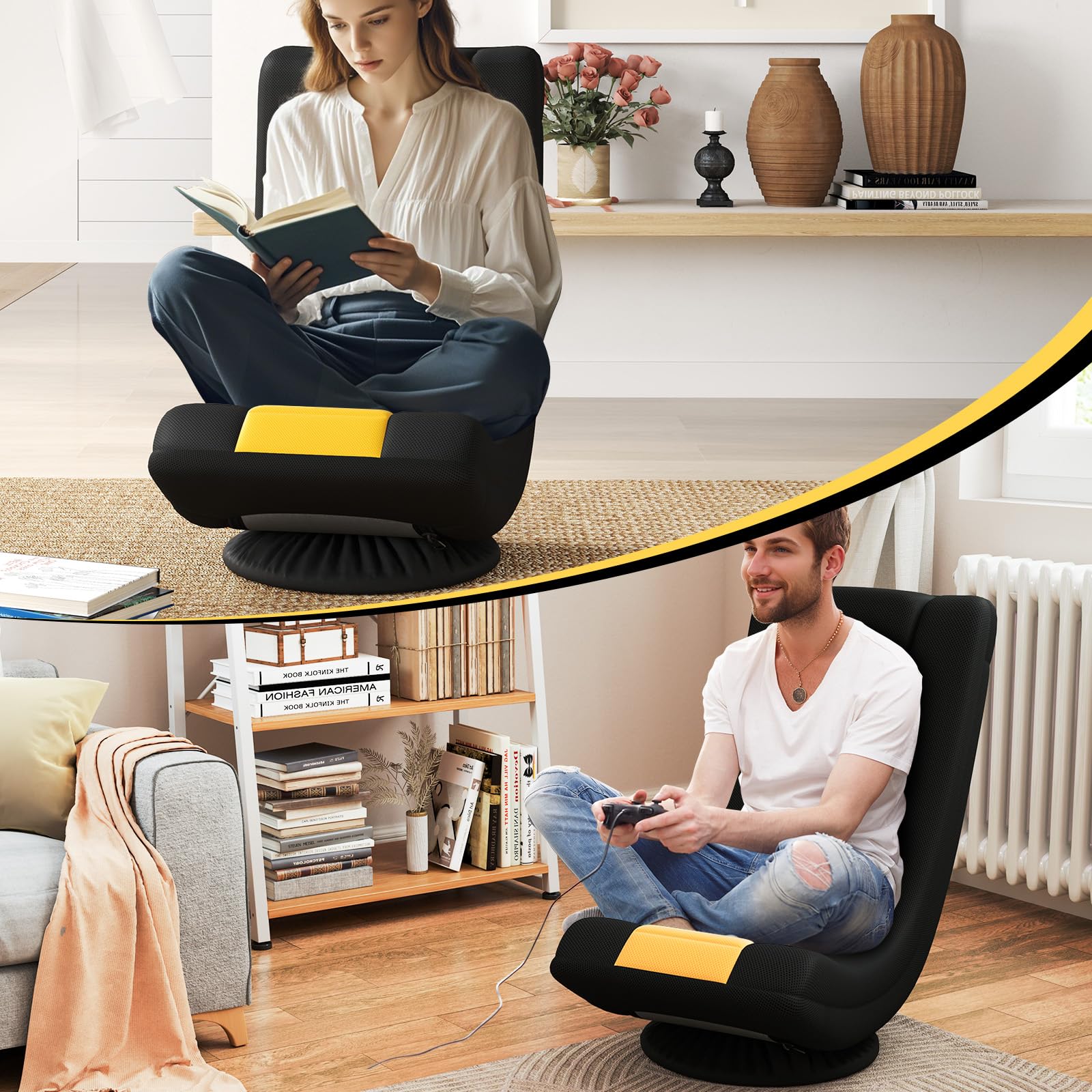 COSTWAY Fauteuil Gaming, Fauteuil de Sol Pliable, Chaise Gaming Pivotant à 360° avec Dossier Réglable, Canapé de Sol, Cadre en Métal Robuste, pour Adultes, Adolescentes, Enfants (Jaune)