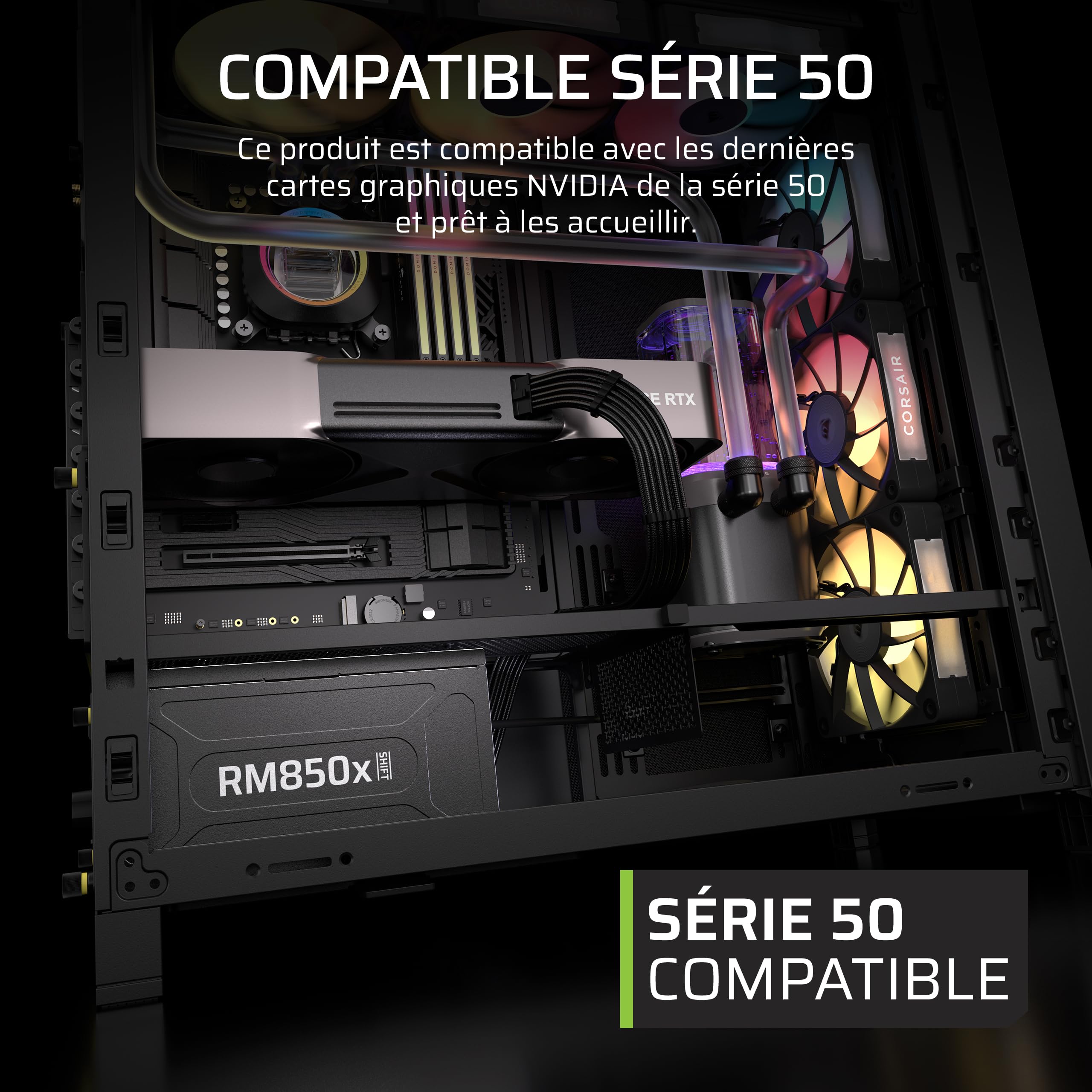 Corsair RM850x Shift Alimentation ATX entièrement modulaire - Câble 12 V-2x6 natif, ATX 3.1 et PCIe 5.1, Bouton de contrôle de la Vitesse du Ventilateur, Condensateurs Japonais, Certifié Gold - Noir