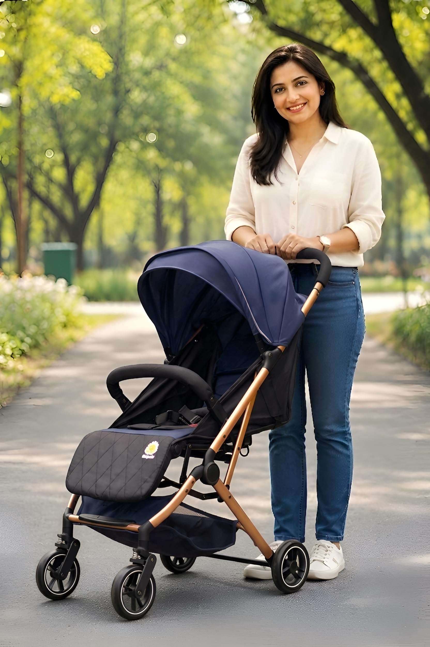 Chipzzie Travel Mate Baby Stroller – Pre-Installed, Lightweight, Compact & Travel-Friendly | One-Hand Fold | Full Recline & 5-Point Harness | Newborn to Toddler (0-3 Yrs) | Elegant Rose Gold Frame – Blue