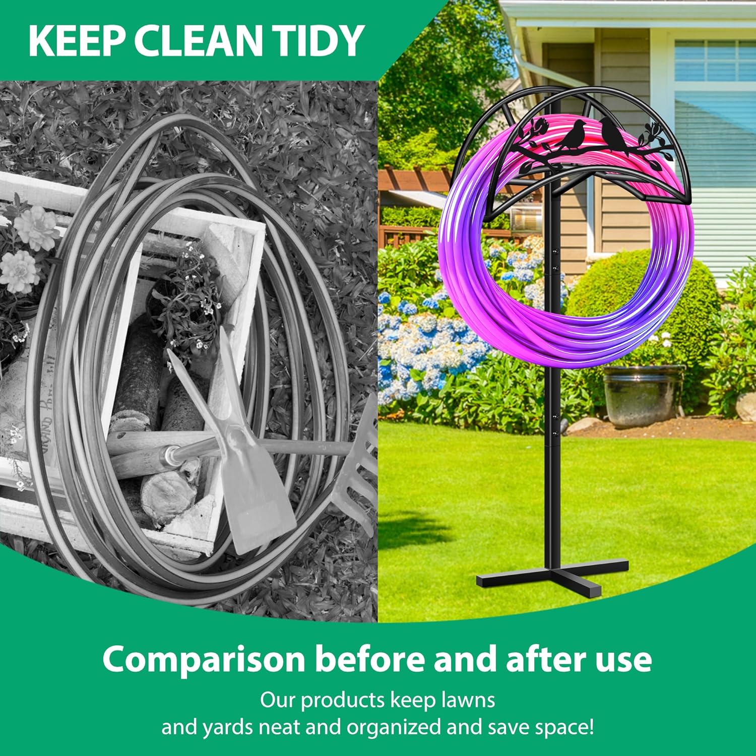 Heavy Duty Metal Garden Hose Holder - For Lawn, Patio and Garden, Adjustable Freestanding Outdoor Holder, Black, Removable Design for Easy Storage