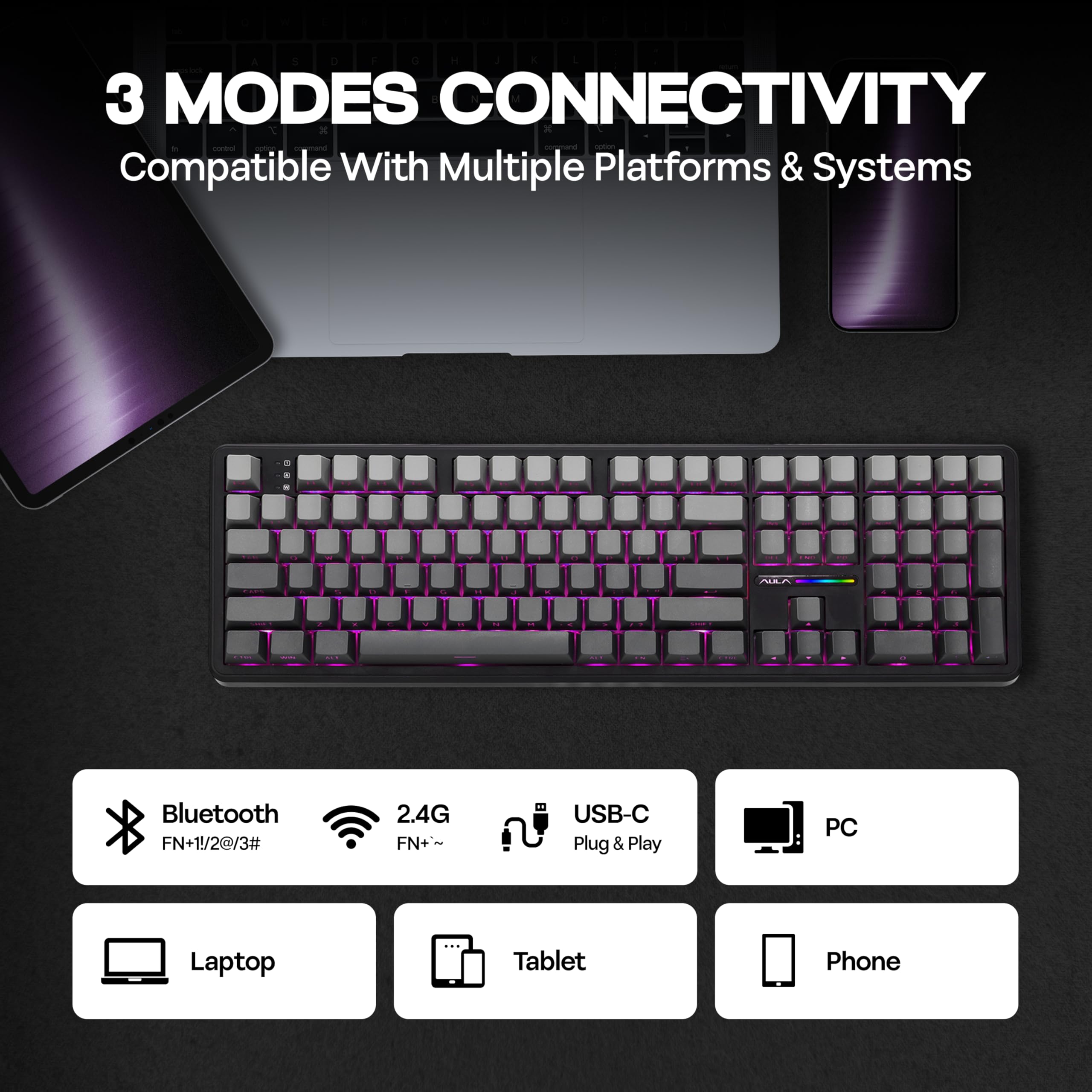 MechLands Aula F108 Tastiera da Gioco Wireless al 100%, 4000mAh, Tastiera Meccanica Personalizzabile, 108 Tasti Programmabili, Sostituibili a Caldo, per Win/Mac (Sfumatura Nera)