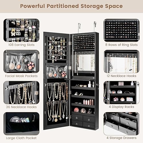 Miniatura 3 de COSTWAY Armario de joyería con espejo LED, espejo de longitud completa con almacenamiento de joyas, organizador de joyas colgante con cerradura con