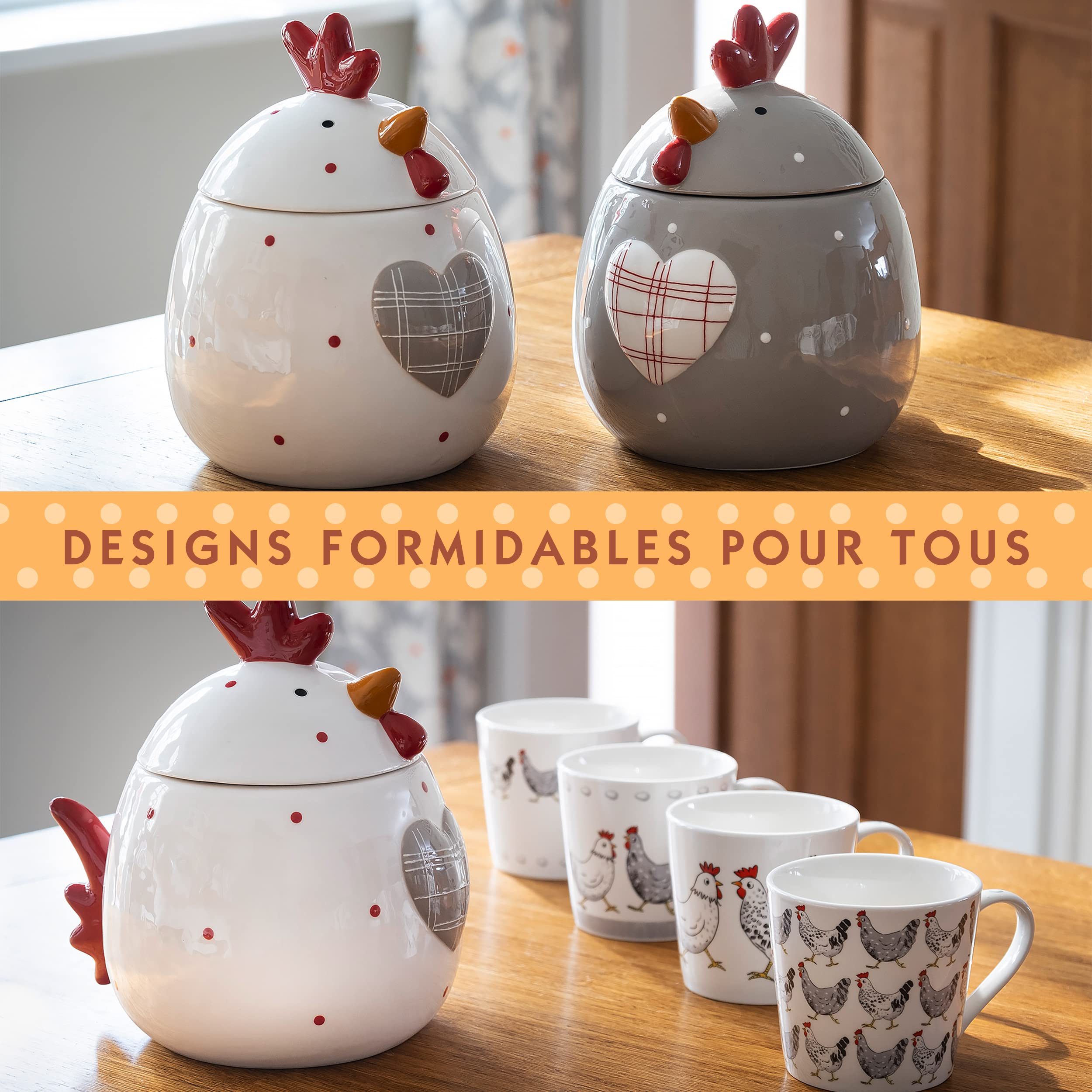 SPOTTED DOG GIFT COMPANY Boîte à Biscuit en Céramique, Grand Bocal de Conservation pour Cookies Bonbons ou Friandises, Mignon Cuisine Article, Cadeau pour Poules Amoureux, Gris 1900ml