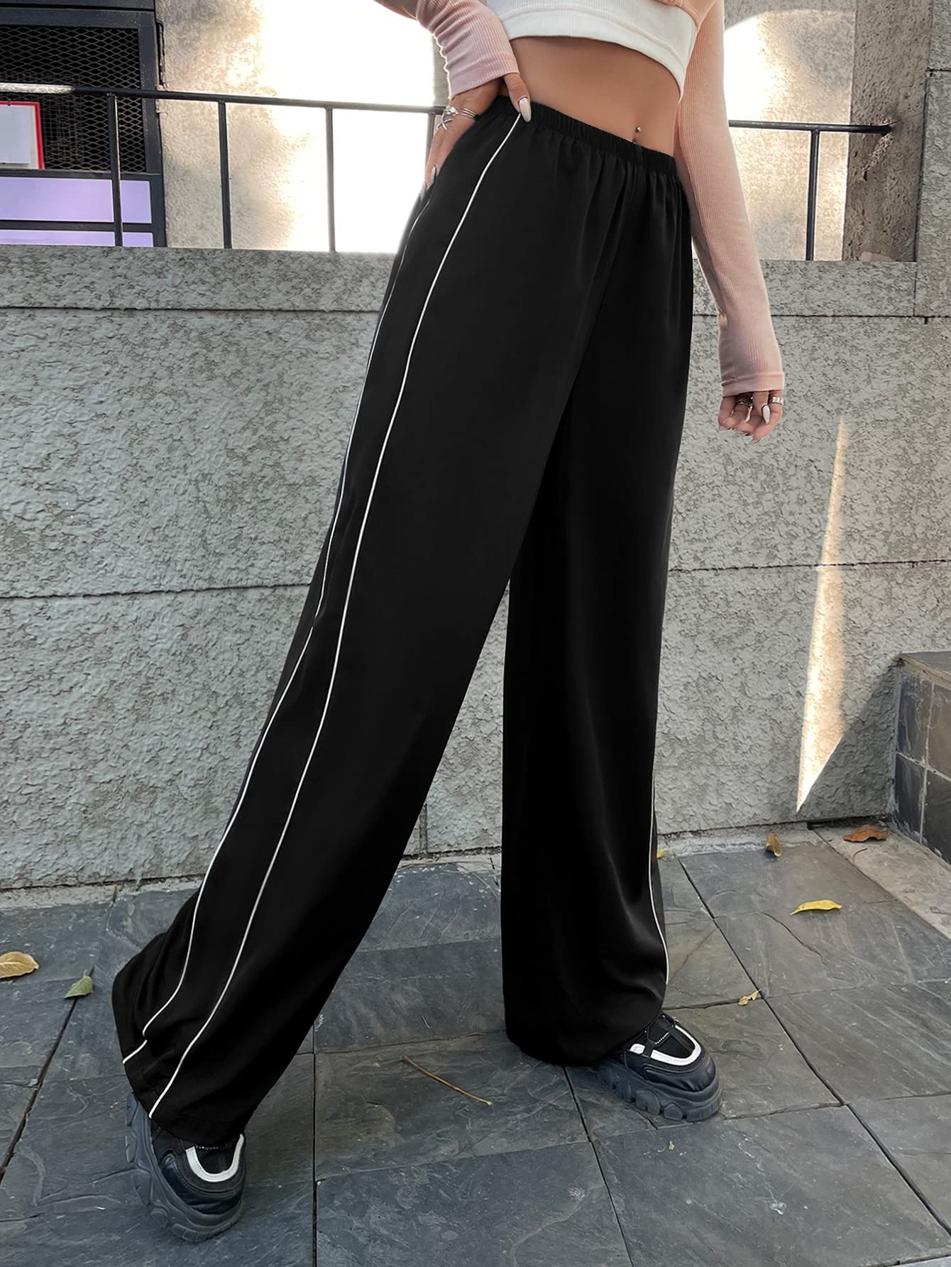 ANACRO Pants for Women - Contrast Piping Wide Leg Pants Color Black Size X-Small