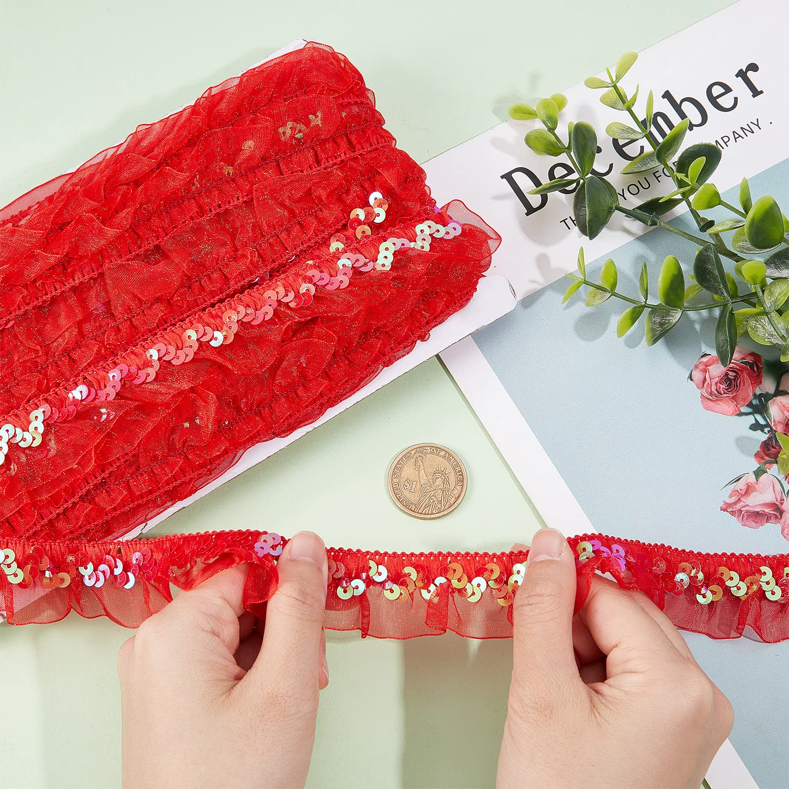 GORGECRAFT Spitzenbesatz Mit Rüschen - 10m X 6cm Rot Für Näharbeiten & Dekoration