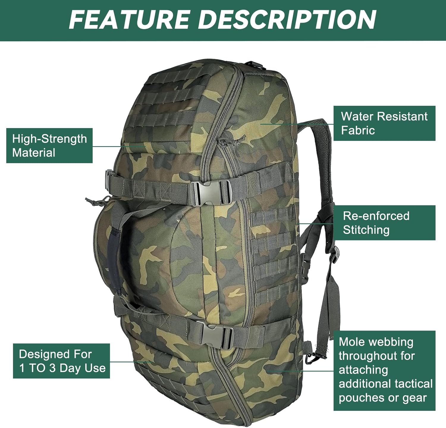 65L Large Duffle Bag, 3-in-1 Tactical Backpack MOLLE Pack for Sports, Gym, Outdoor, Woodland - Image 4