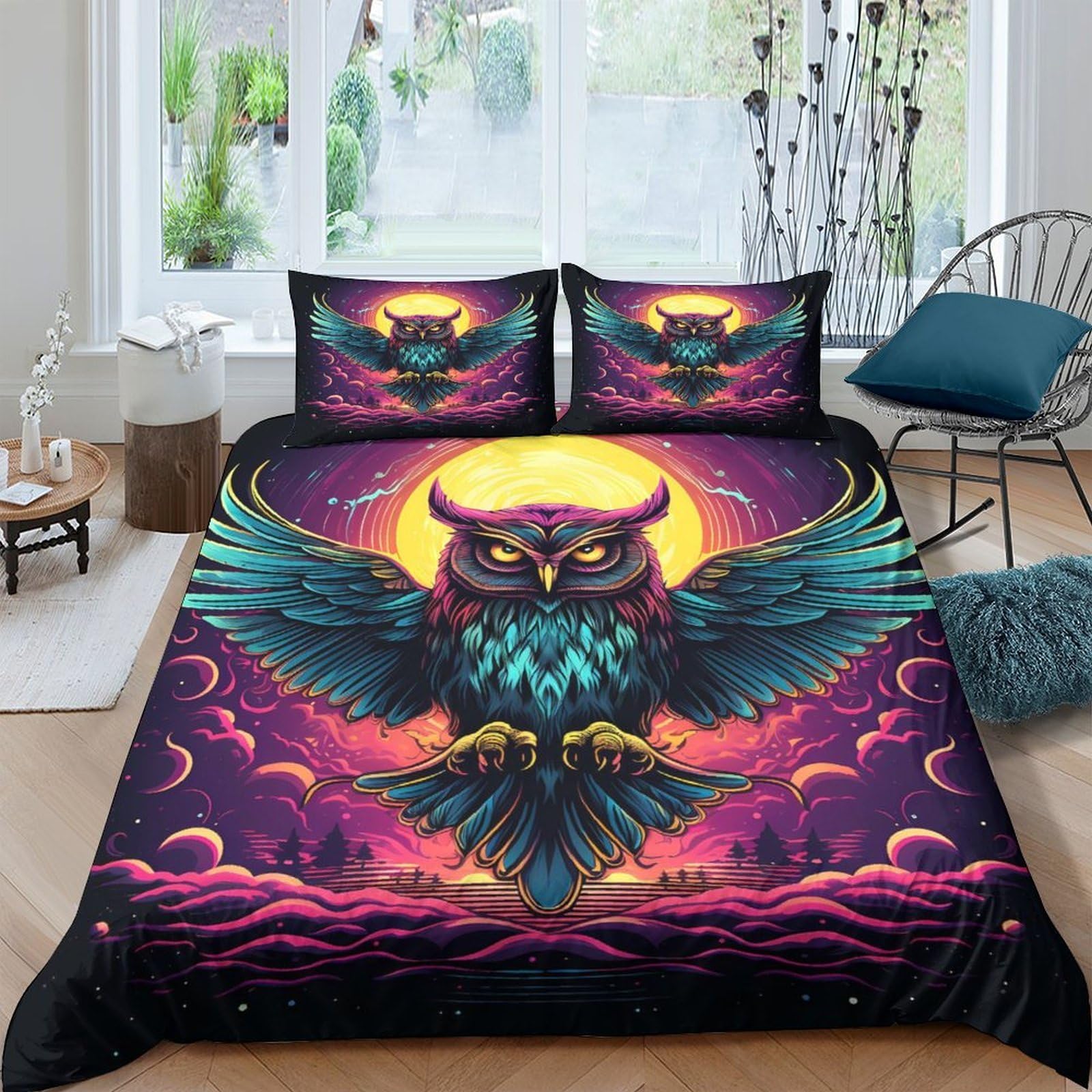 Ctjqhvkz Style-4 3D Printed Mystical Owl Fitted Sheet Microfiber Soft Breathable Sunset Forest Bed Cover For Bedroom Guest Room Decor Mattress Protection Single（135X200cm）