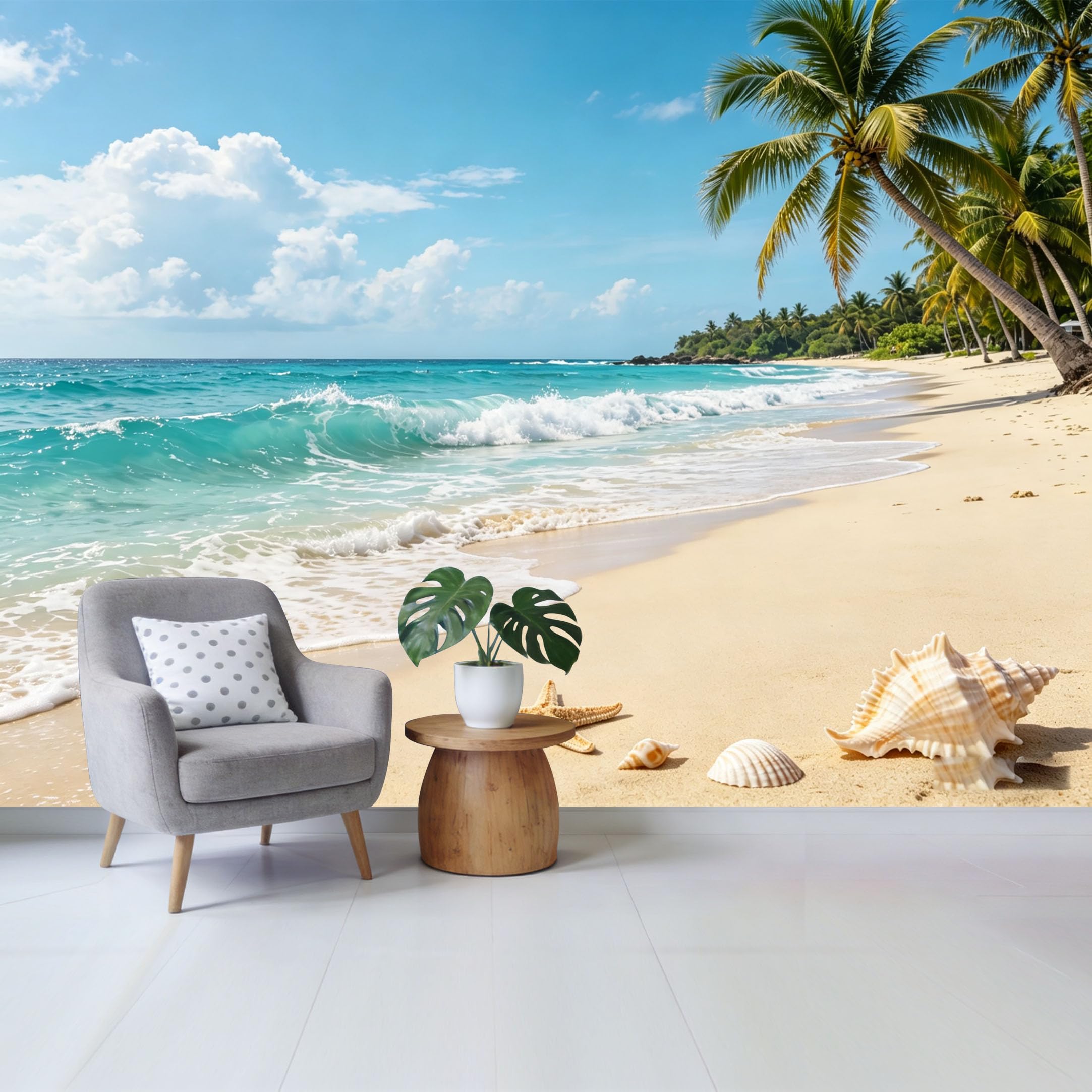 Qzlithotic Yq2605250150 Custom Size Wall Mural Tropical Coastal Beach Paradise Ocean Wave Palm Tree Seashell Starfish Selfadhesive Wall Fabric Removable Wallpaper For Home Office Decor