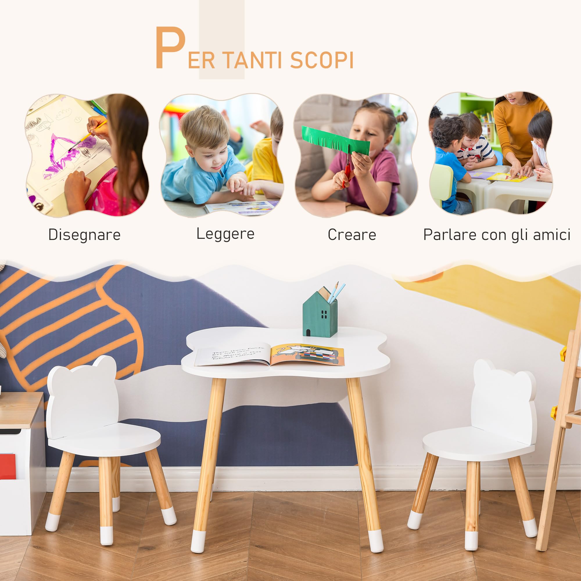 HOMCOM Set Tavolino per Bambini e 2 Sedie, 1-4 Anni, in Legno, Bianco | Tavolo per Bambini, Sedie a Orsetto, per Cameretta